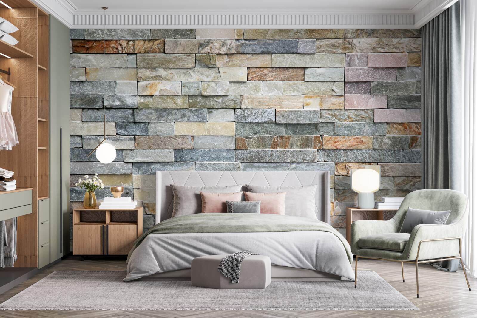 Papier peint peau d'oie en blocs rayés multicolores