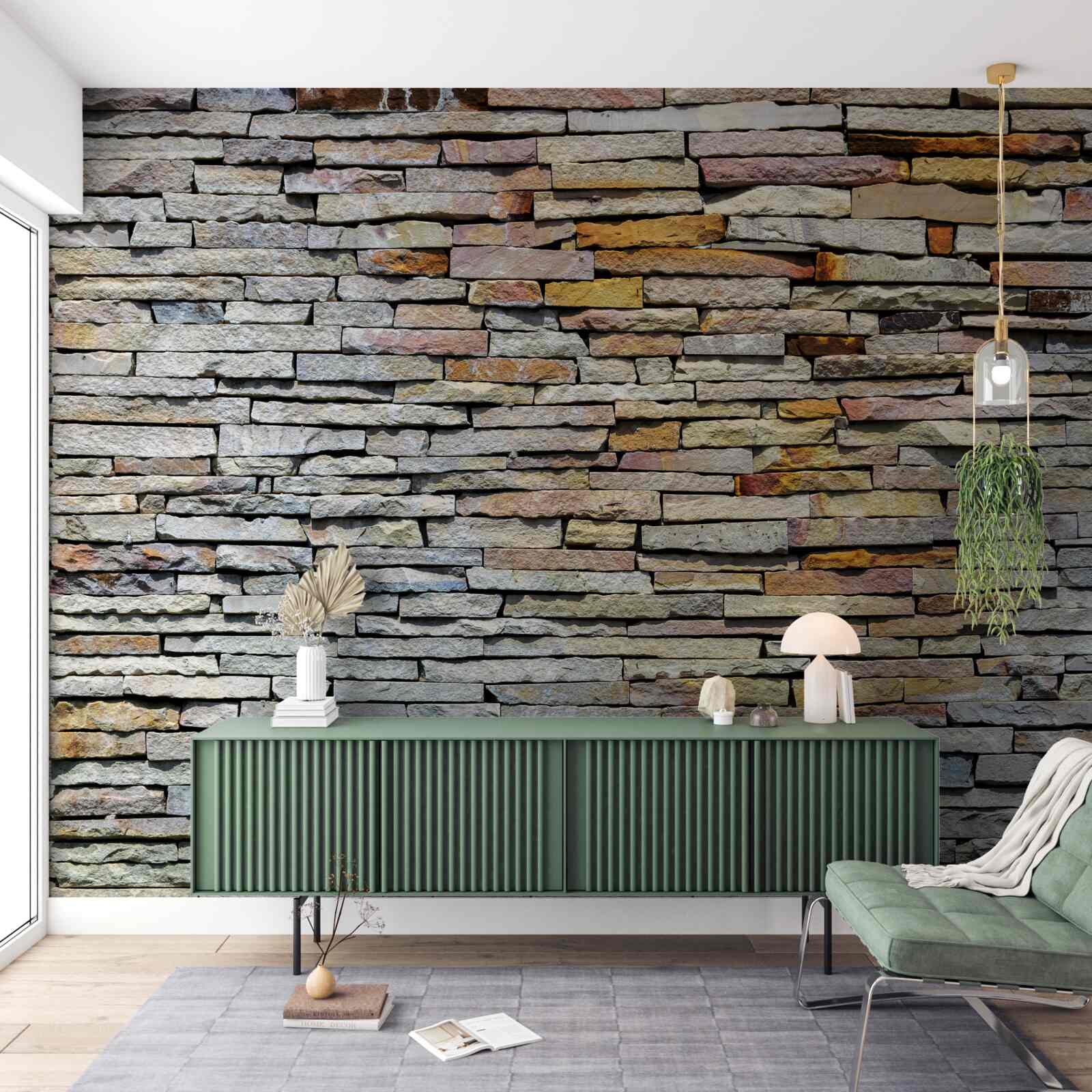 Papier peint Mur recouvert de bandes de pierre