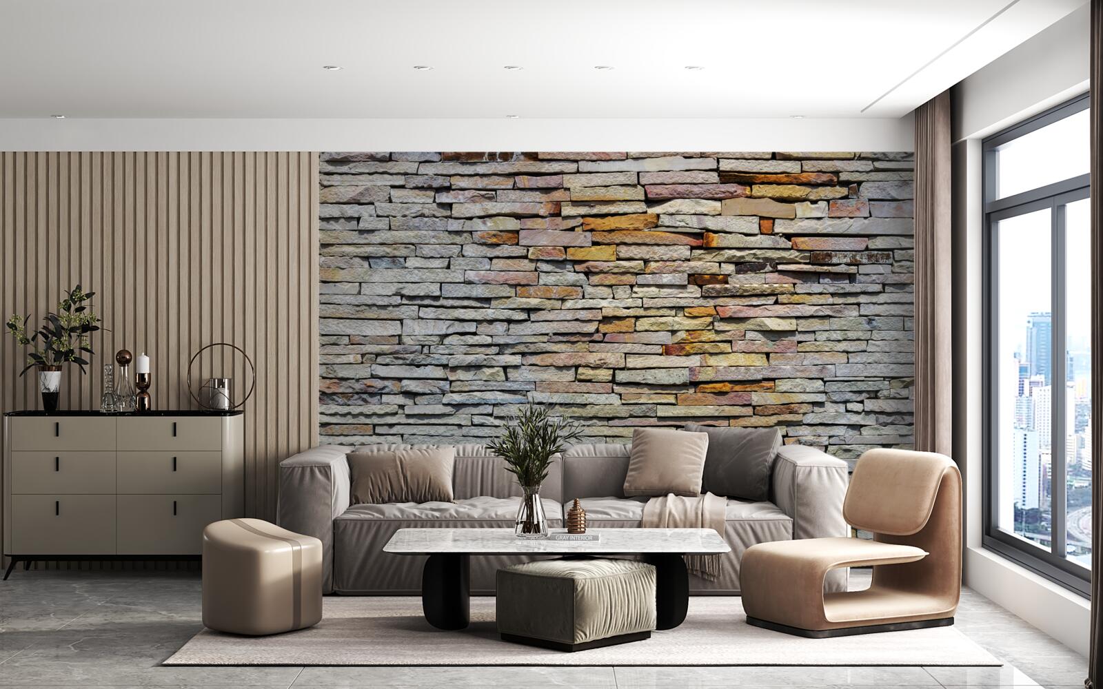 Papier peint Mur recouvert de bandes de pierre