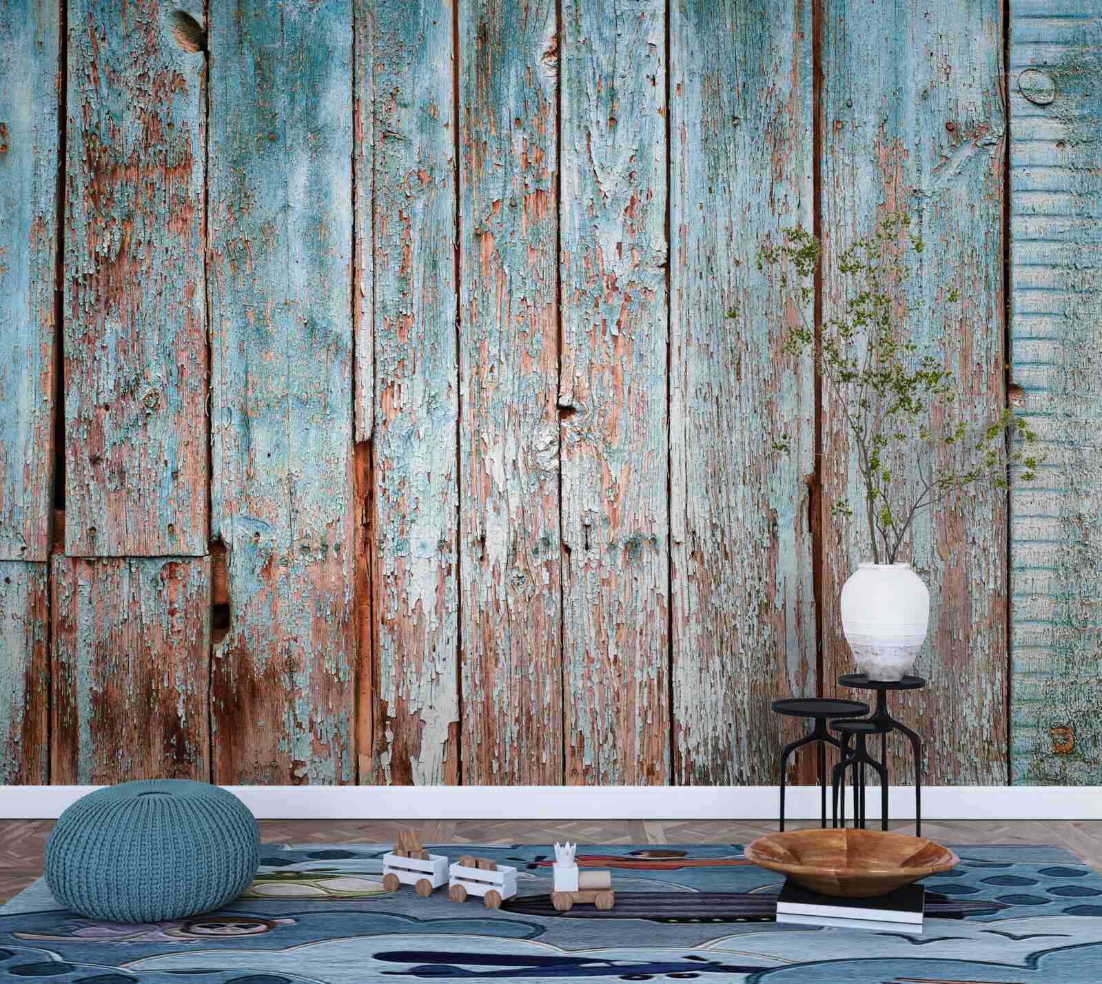 Papier peint fond constitué de vieilles poutres dans les tons gris et bleus