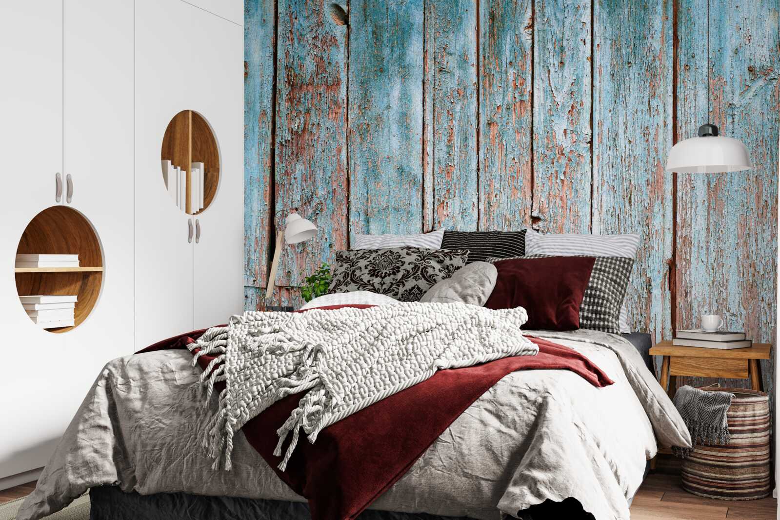 Papier peint fond constitué de vieilles poutres dans les tons gris et bleus