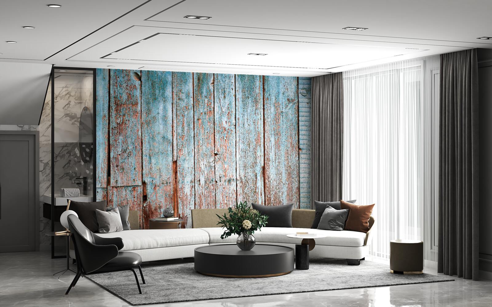 Papier peint fond constitué de vieilles poutres dans les tons gris et bleus