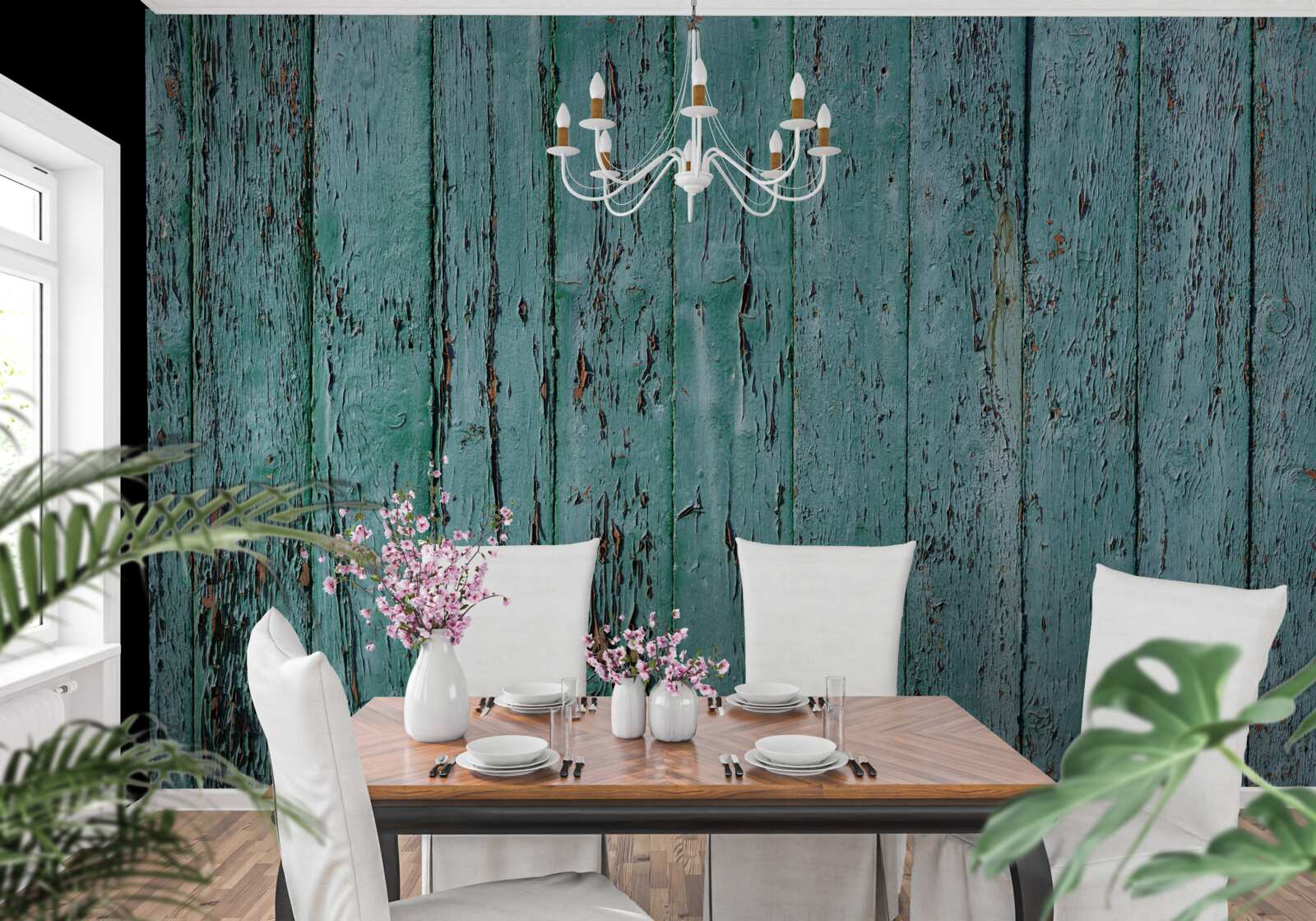 Papier peint planches de bois, peintes en vert menthe, vieux