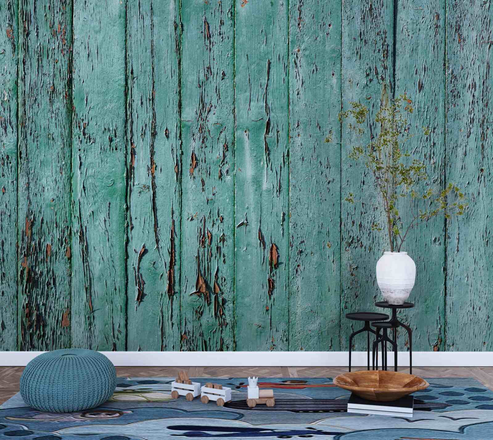 Papier peint planches de bois, peintes en vert menthe, vieux