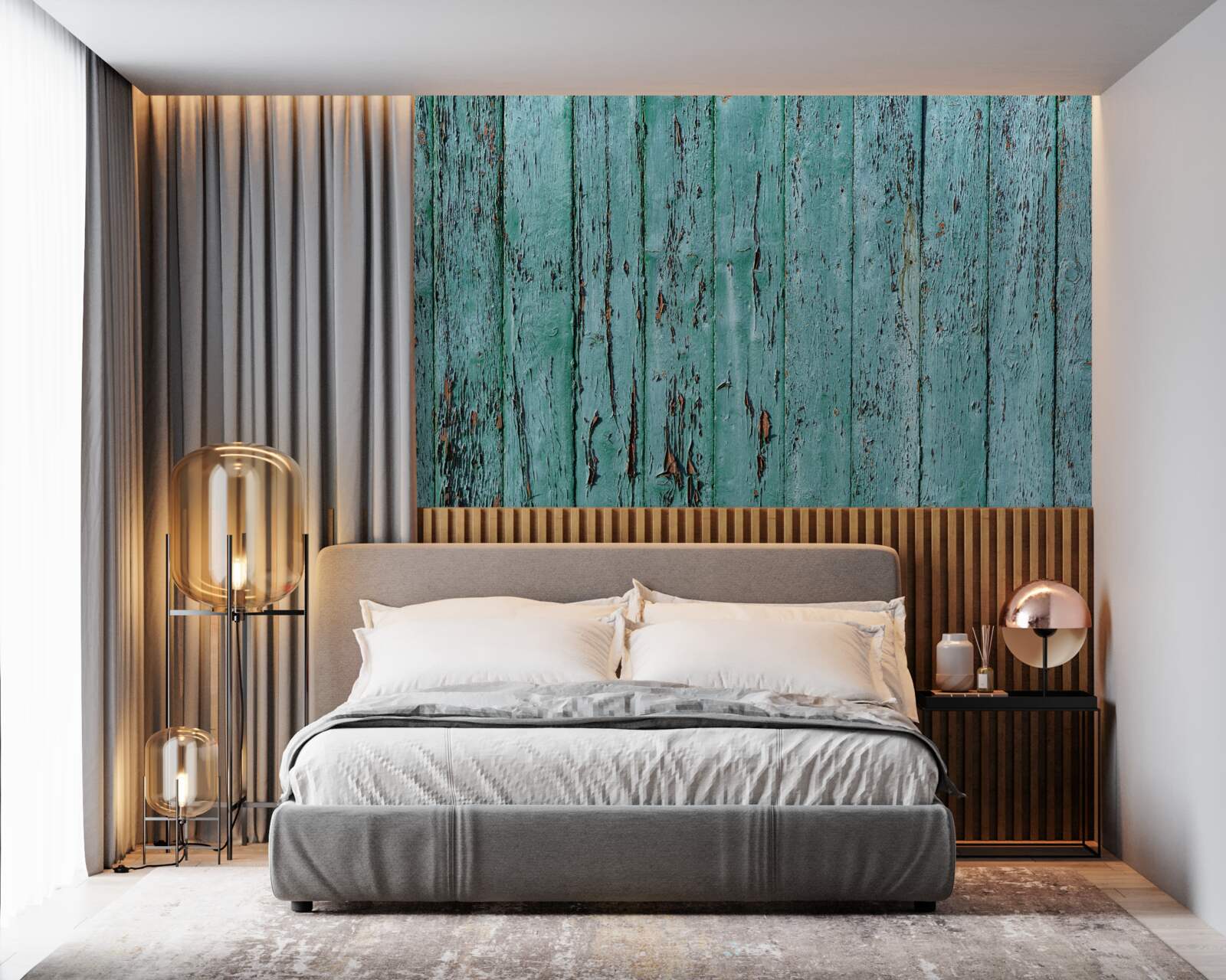 Papier peint planches de bois, peintes en vert menthe, vieux