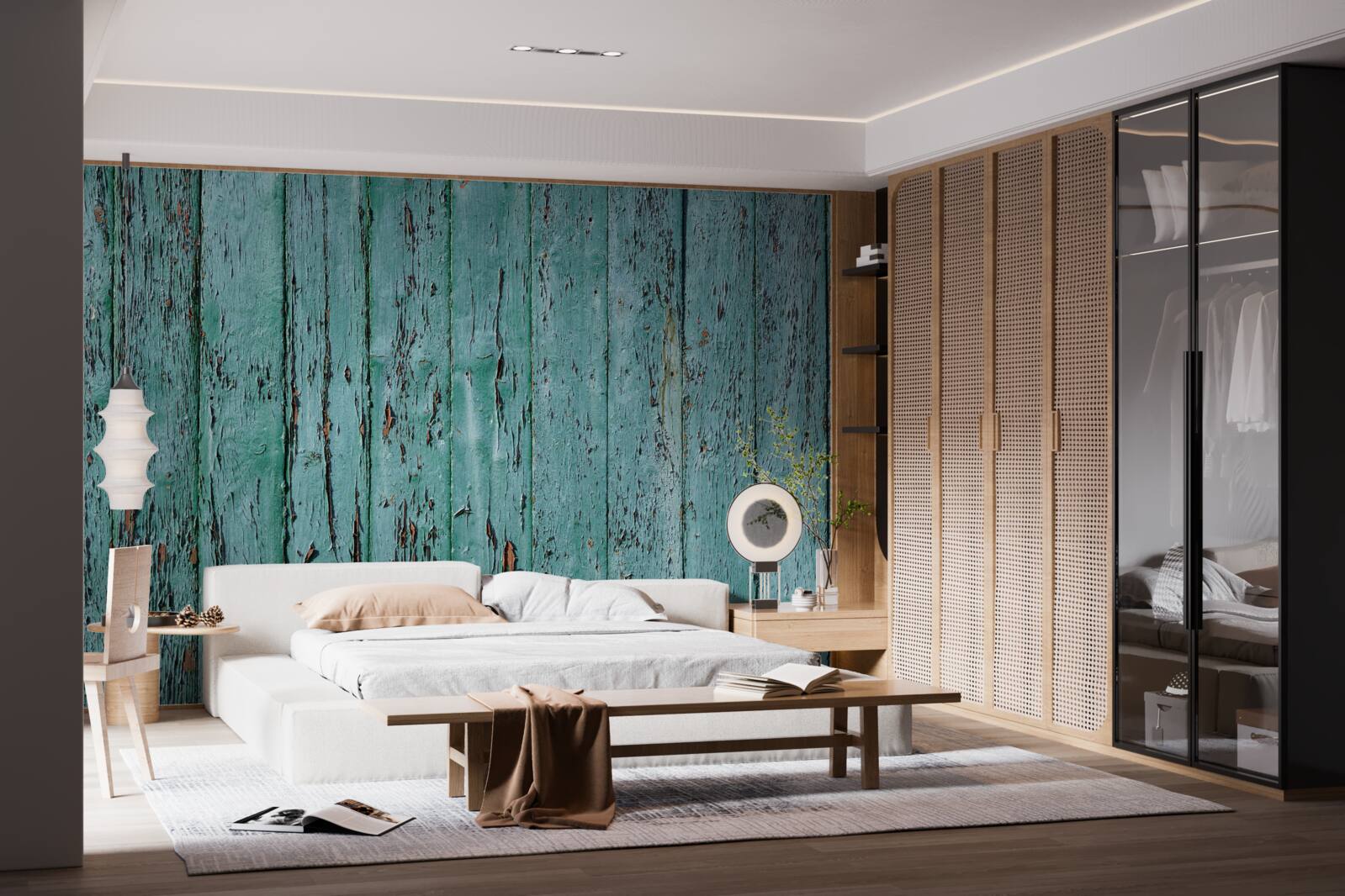 Papier peint planches de bois, peintes en vert menthe, vieux