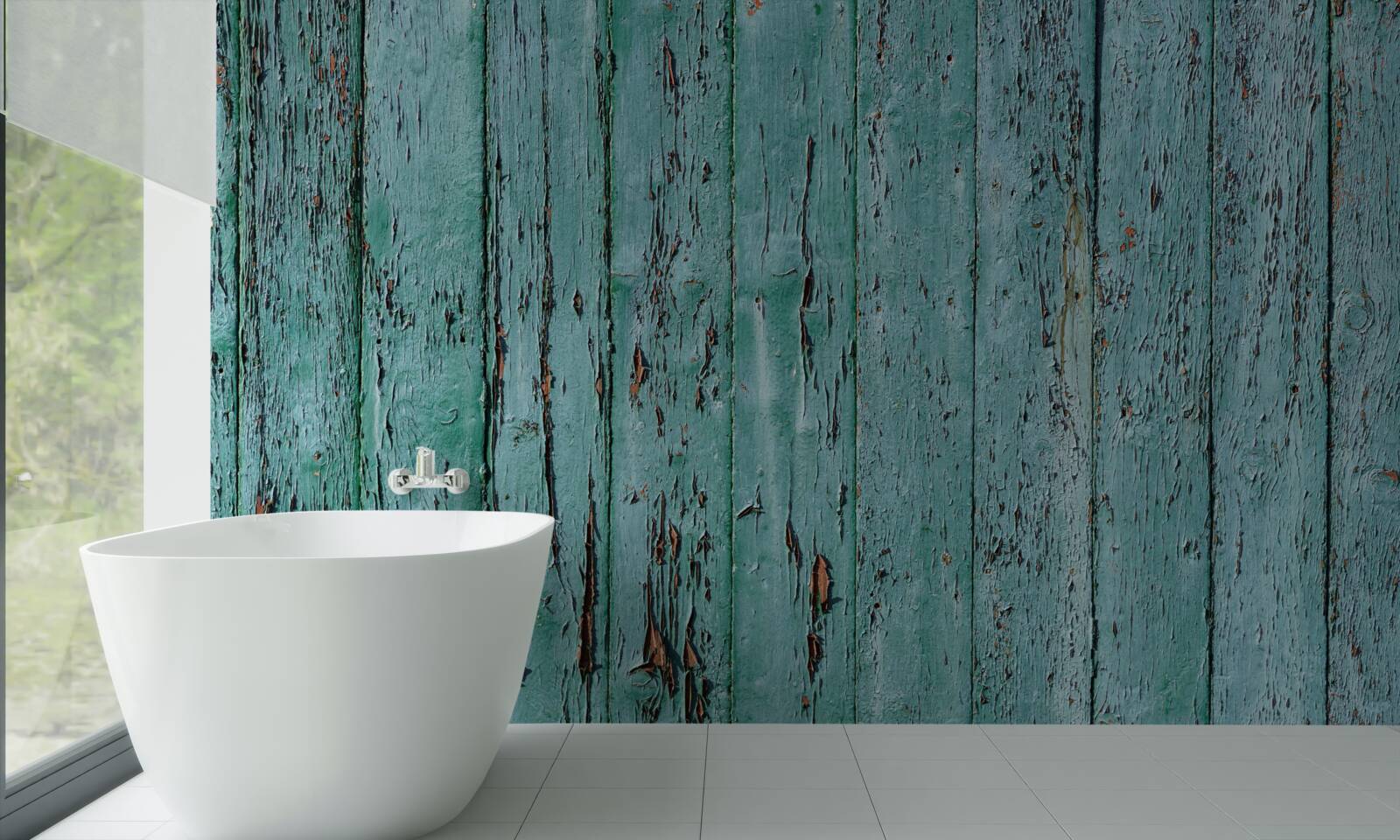 Papier peint planches de bois, peintes en vert menthe, vieux