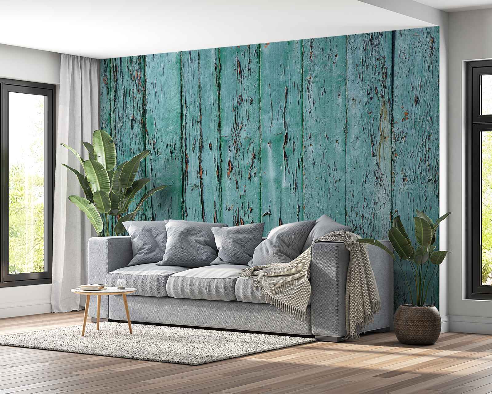 Papier peint planches de bois, peintes en vert menthe, vieux