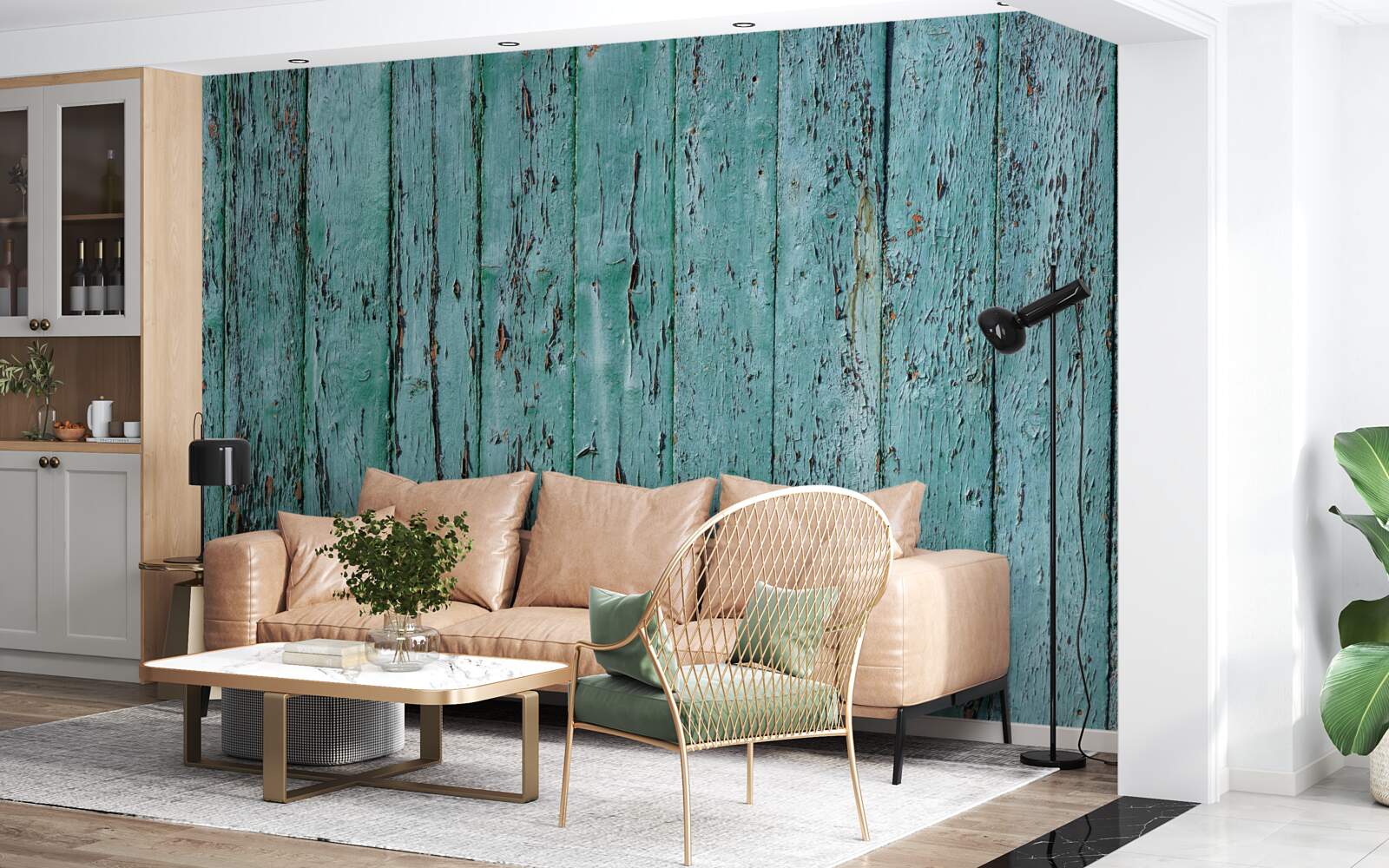 Papier peint planches de bois, peintes en vert menthe, vieux