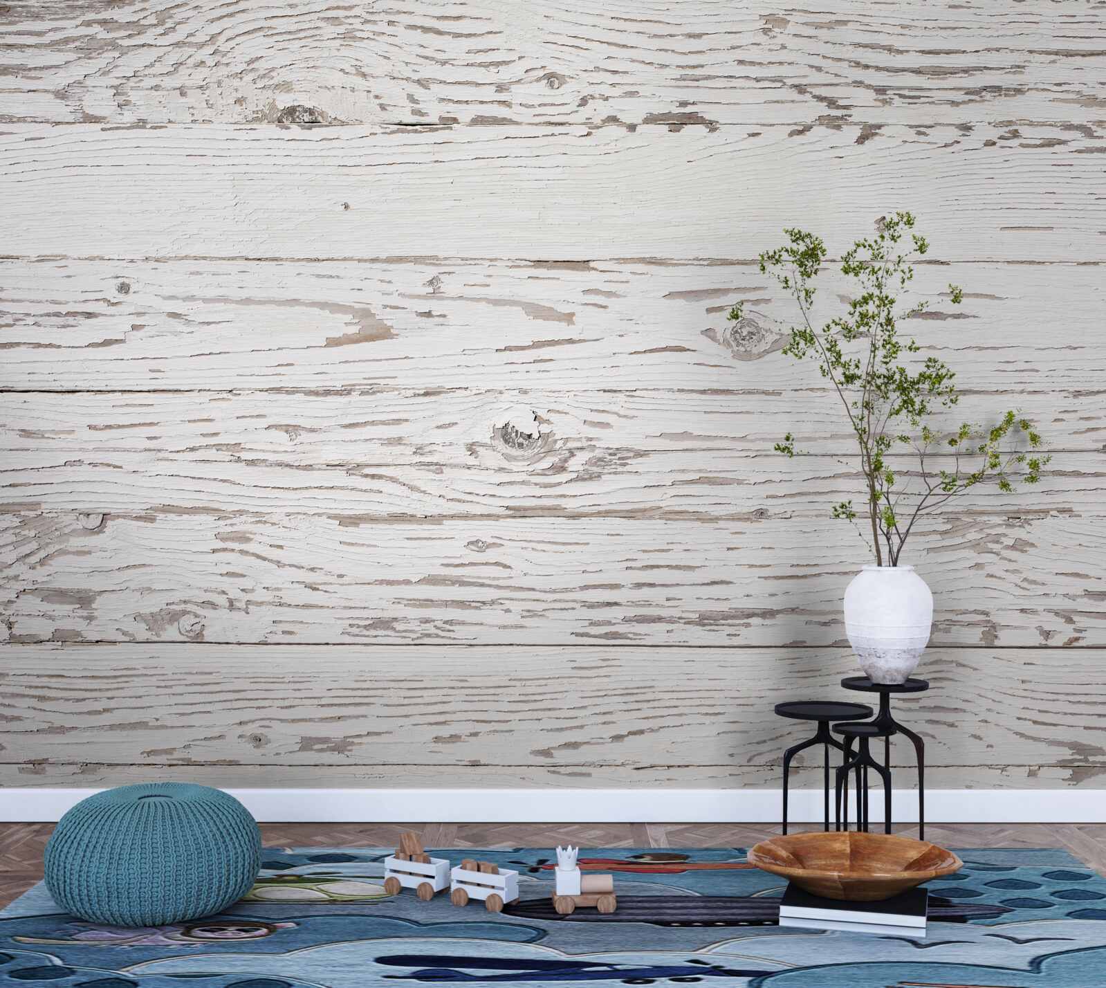 Papier peint parquet ancien blanchi à la chaux