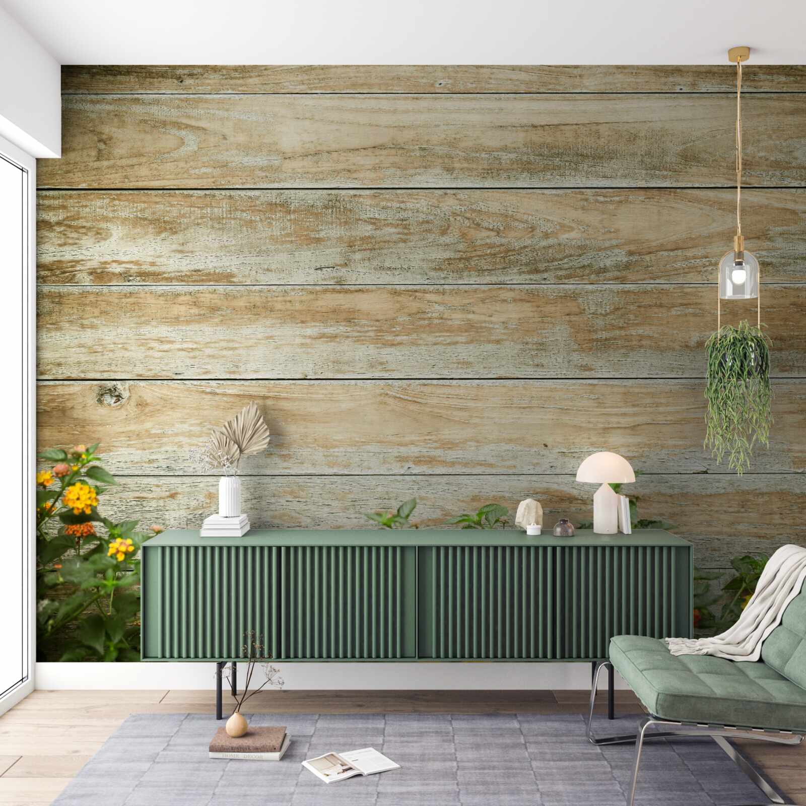 Papier peint fleurs jaunes sur fond de parquet entouré de verdure