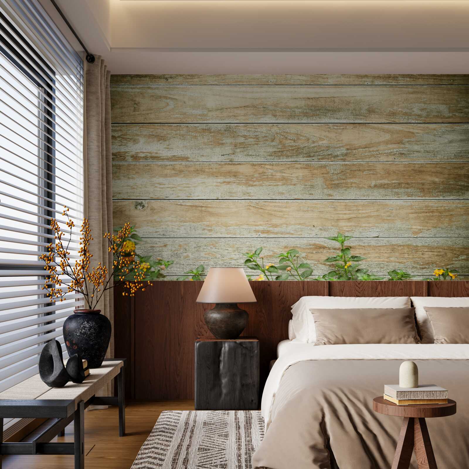 Papier peint fleurs jaunes sur fond de parquet entouré de verdure