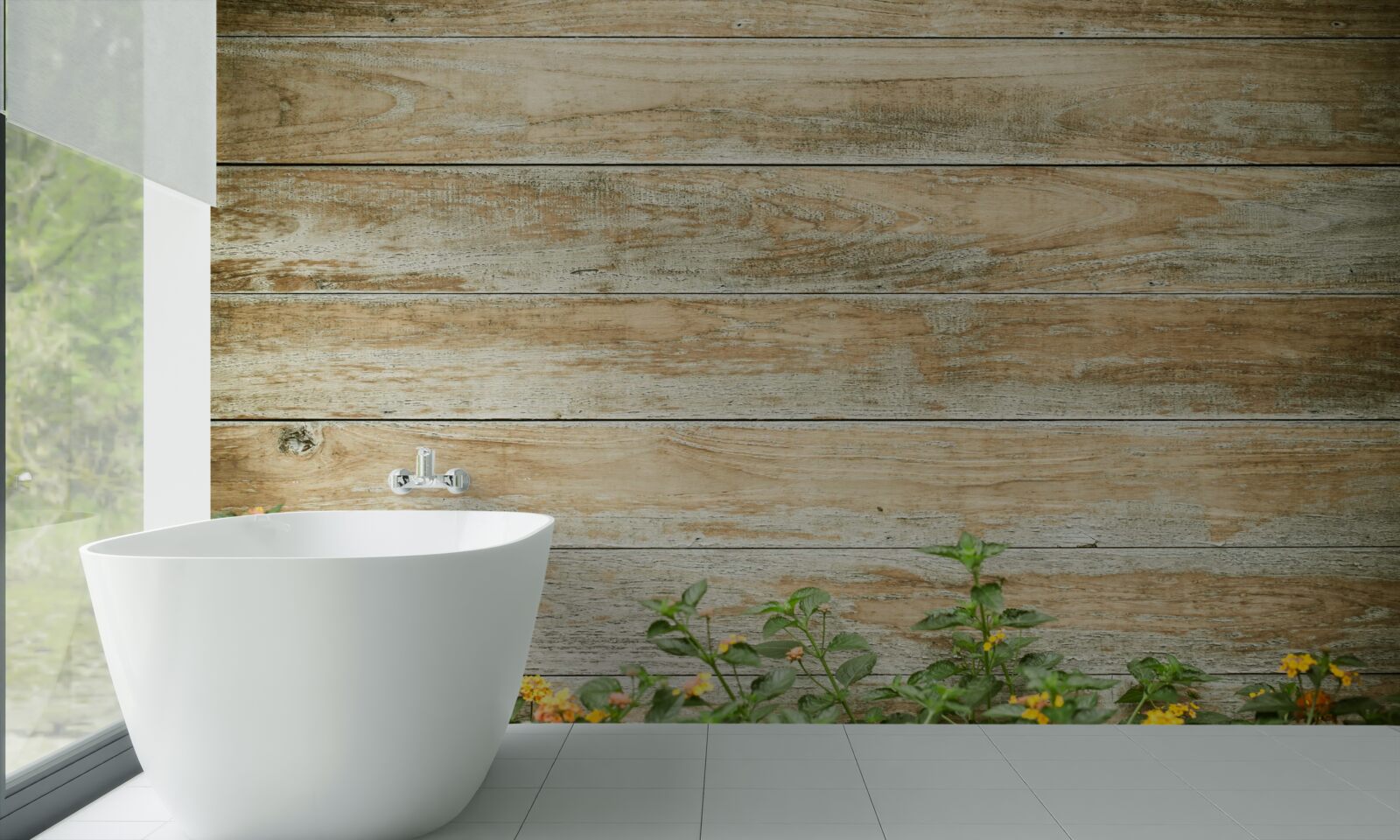 Papier peint fleurs jaunes sur fond de parquet entouré de verdure