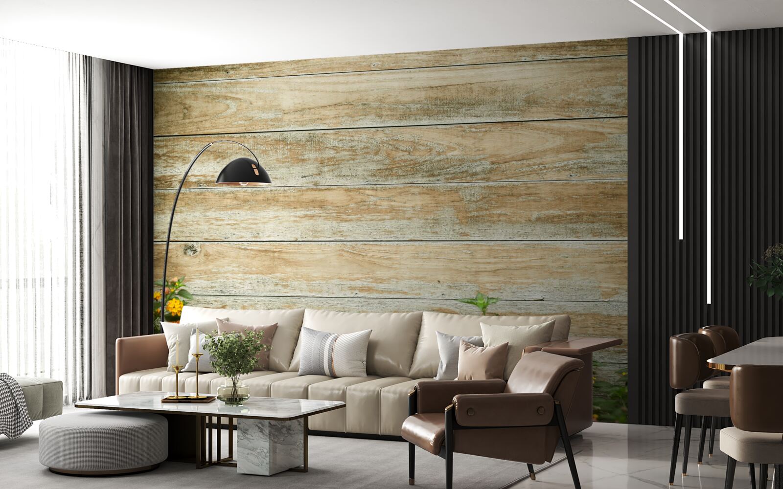 Papier peint fleurs jaunes sur fond de parquet entouré de verdure