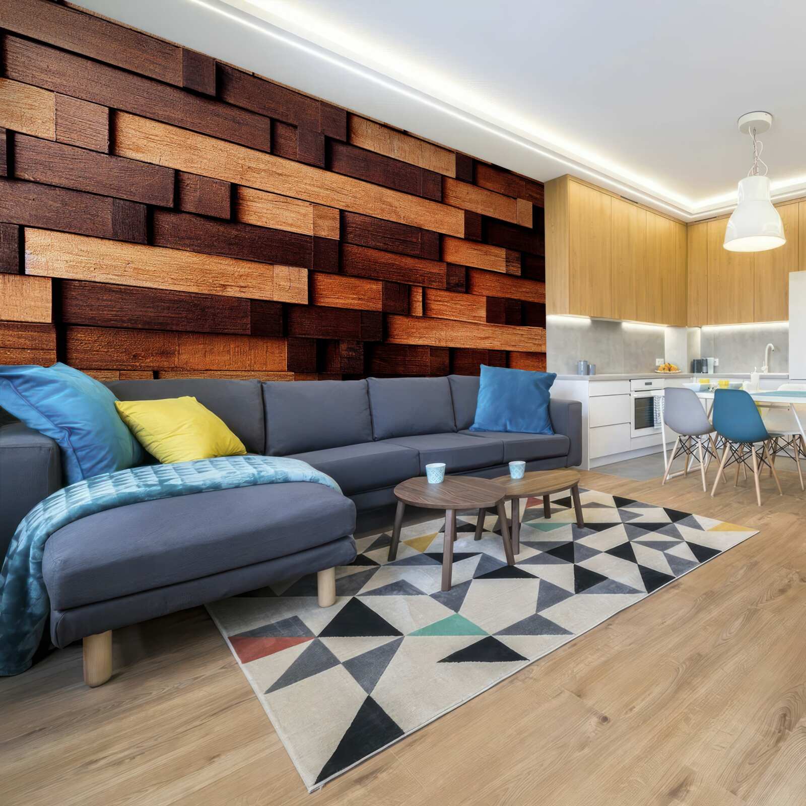 Papier peint Mur assemblé à partir de poutres en bois dans les tons marron foncé et marron clair