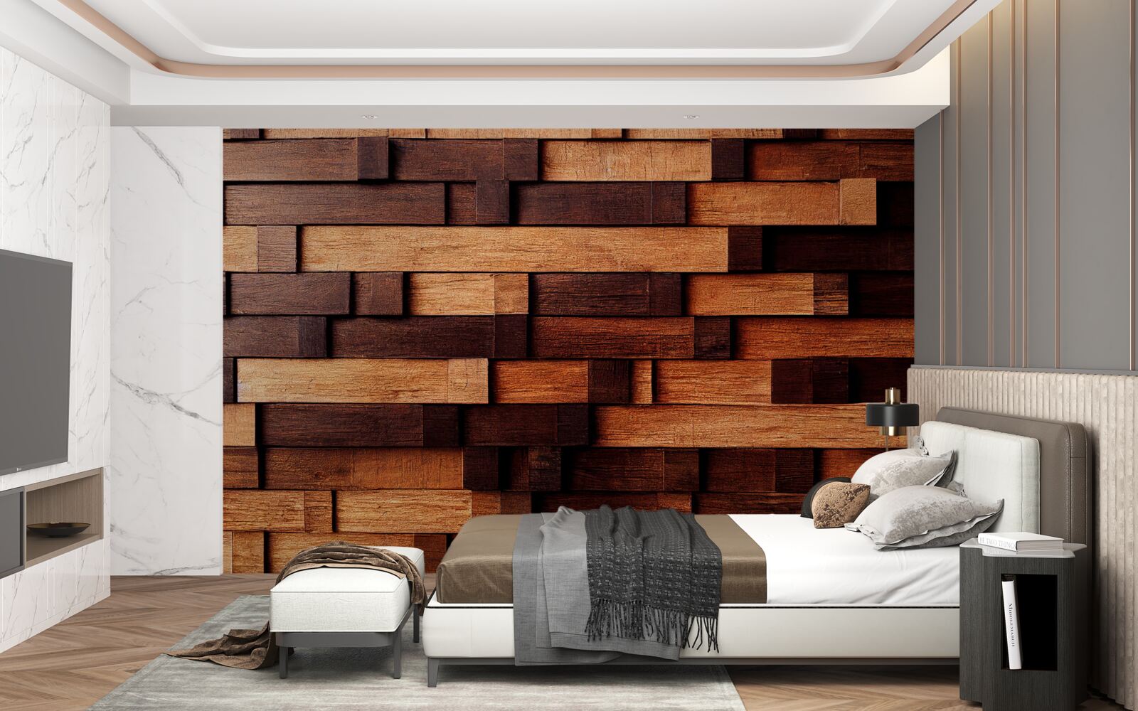 Papier peint Mur assemblé à partir de poutres en bois dans les tons marron foncé et marron clair