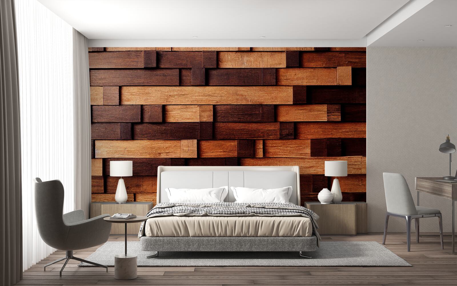 Papier peint Mur assemblé à partir de poutres en bois dans les tons marron foncé et marron clair