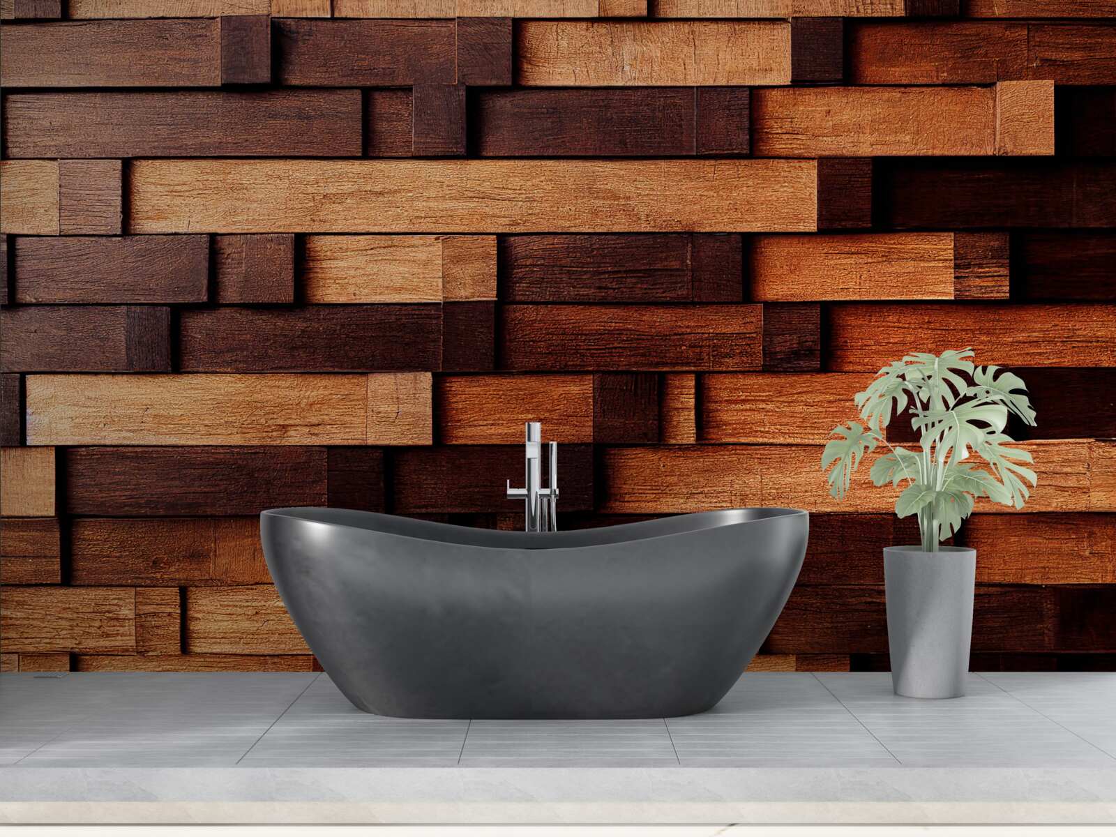 Papier peint Mur assemblé à partir de poutres en bois dans les tons marron foncé et marron clair