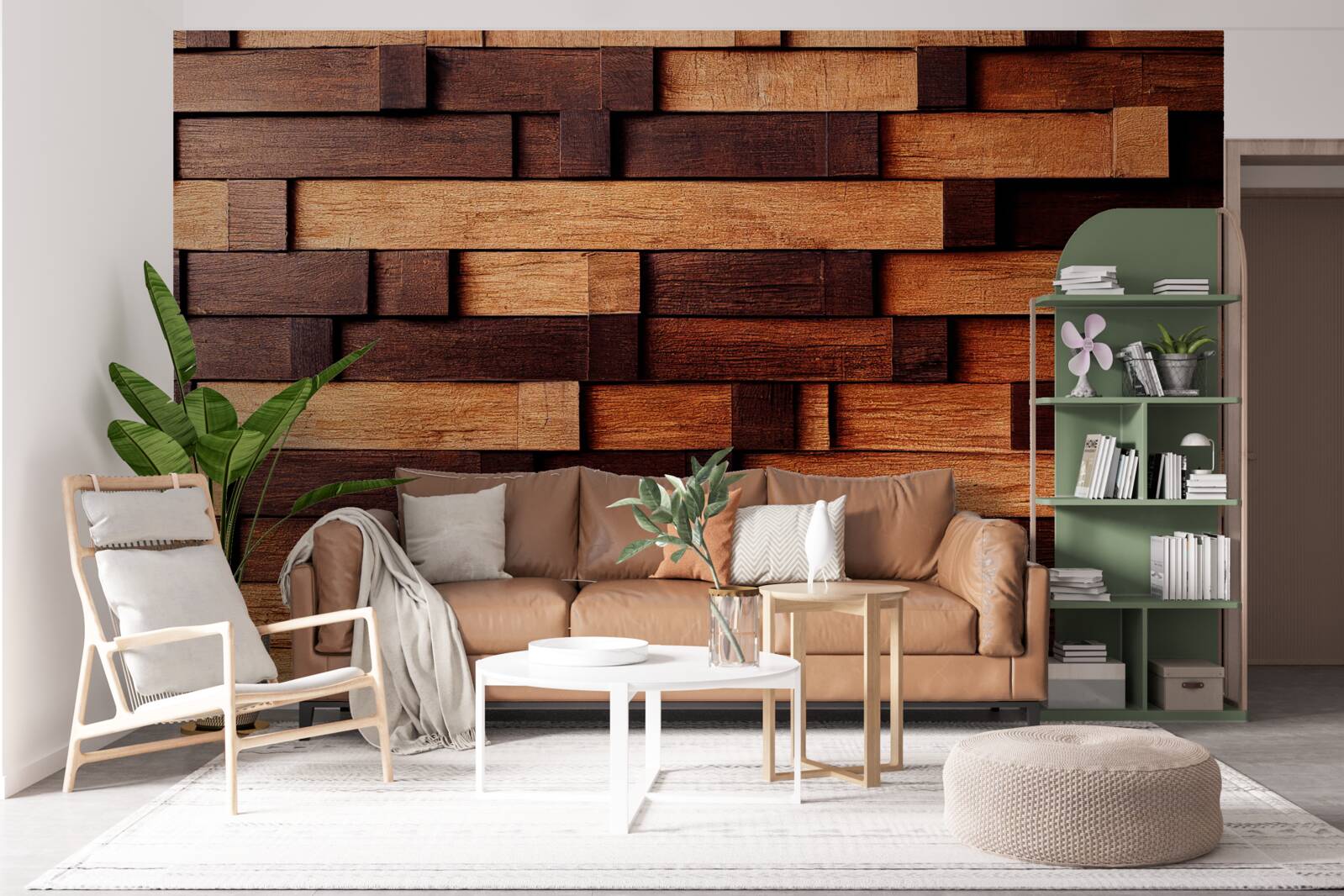 Papier peint Mur assemblé à partir de poutres en bois dans les tons marron foncé et marron clair