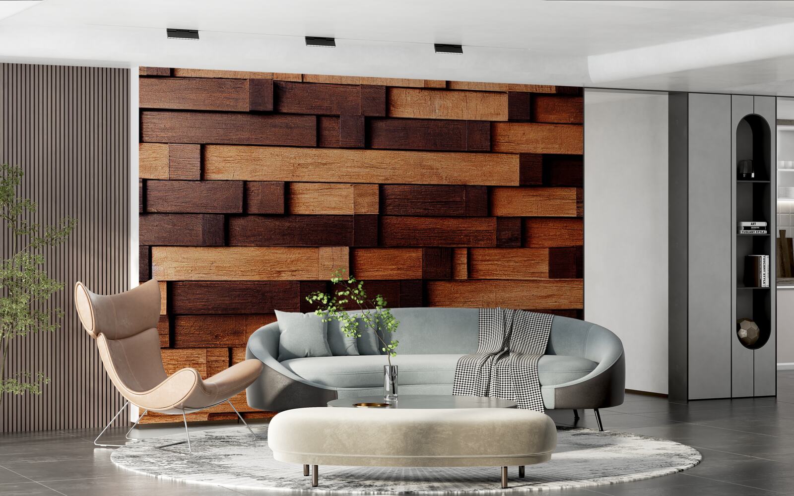 Papier peint Mur assemblé à partir de poutres en bois dans les tons marron foncé et marron clair