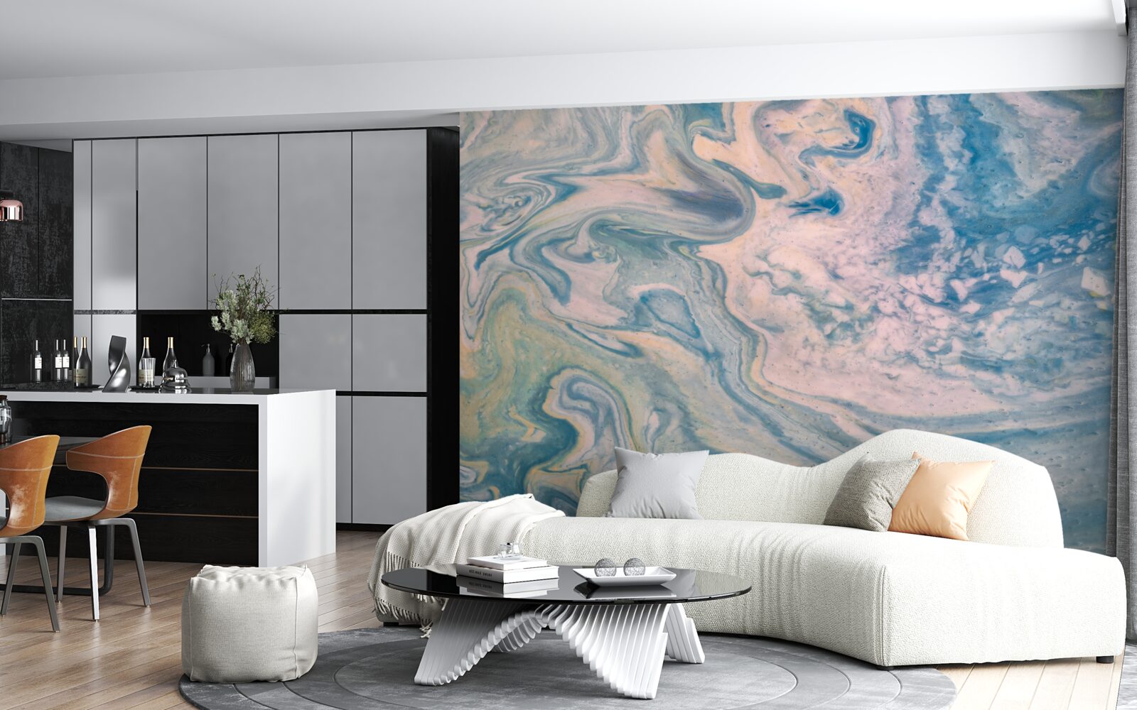 Papier peint lignes abstraites multicolores suivant des trajectoires fluides