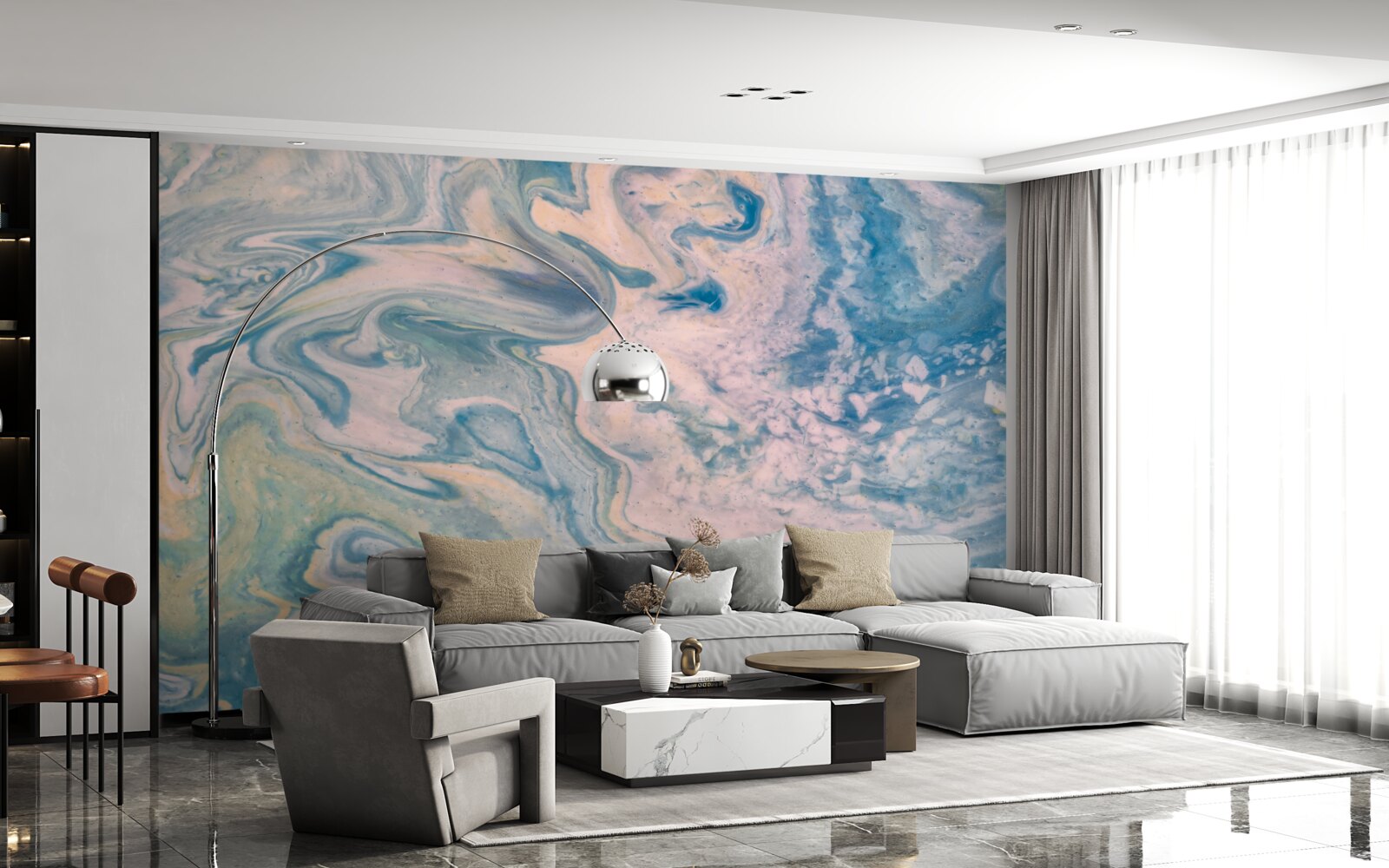 Papier peint lignes abstraites multicolores suivant des trajectoires fluides