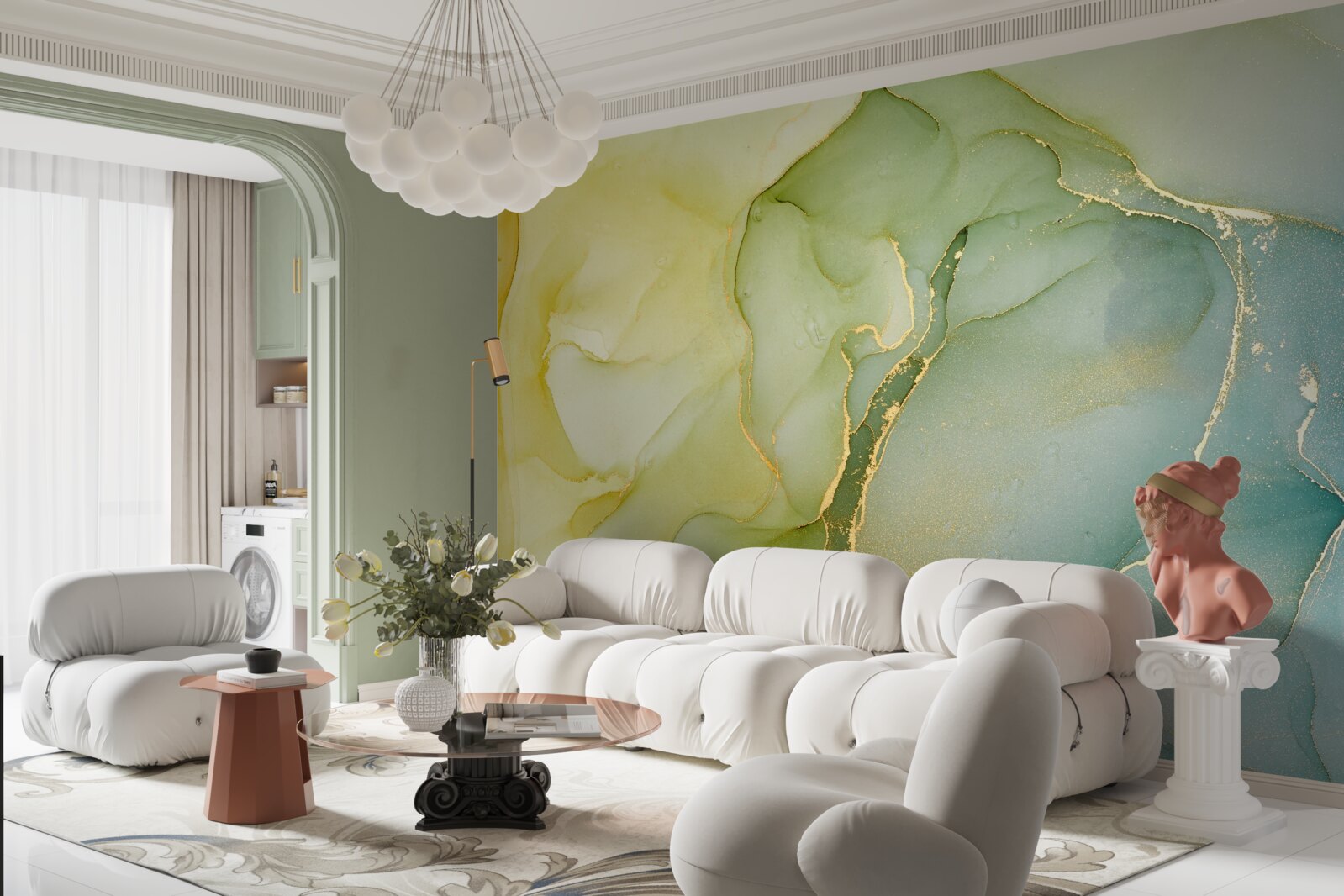 Papier peint fond marbré dans les tons menthe