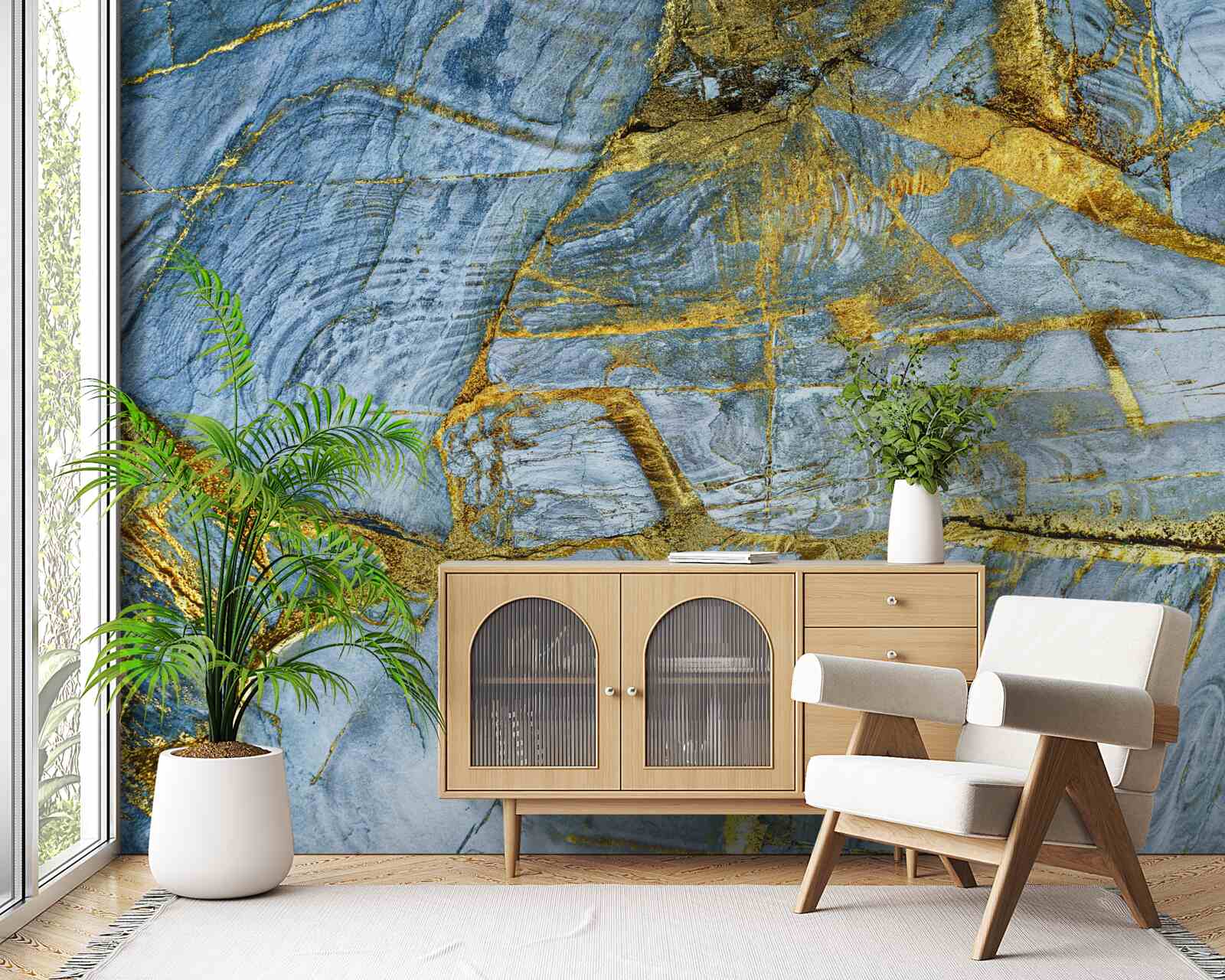 Papier peint coupe avec des nuances dorées sur fond bleu