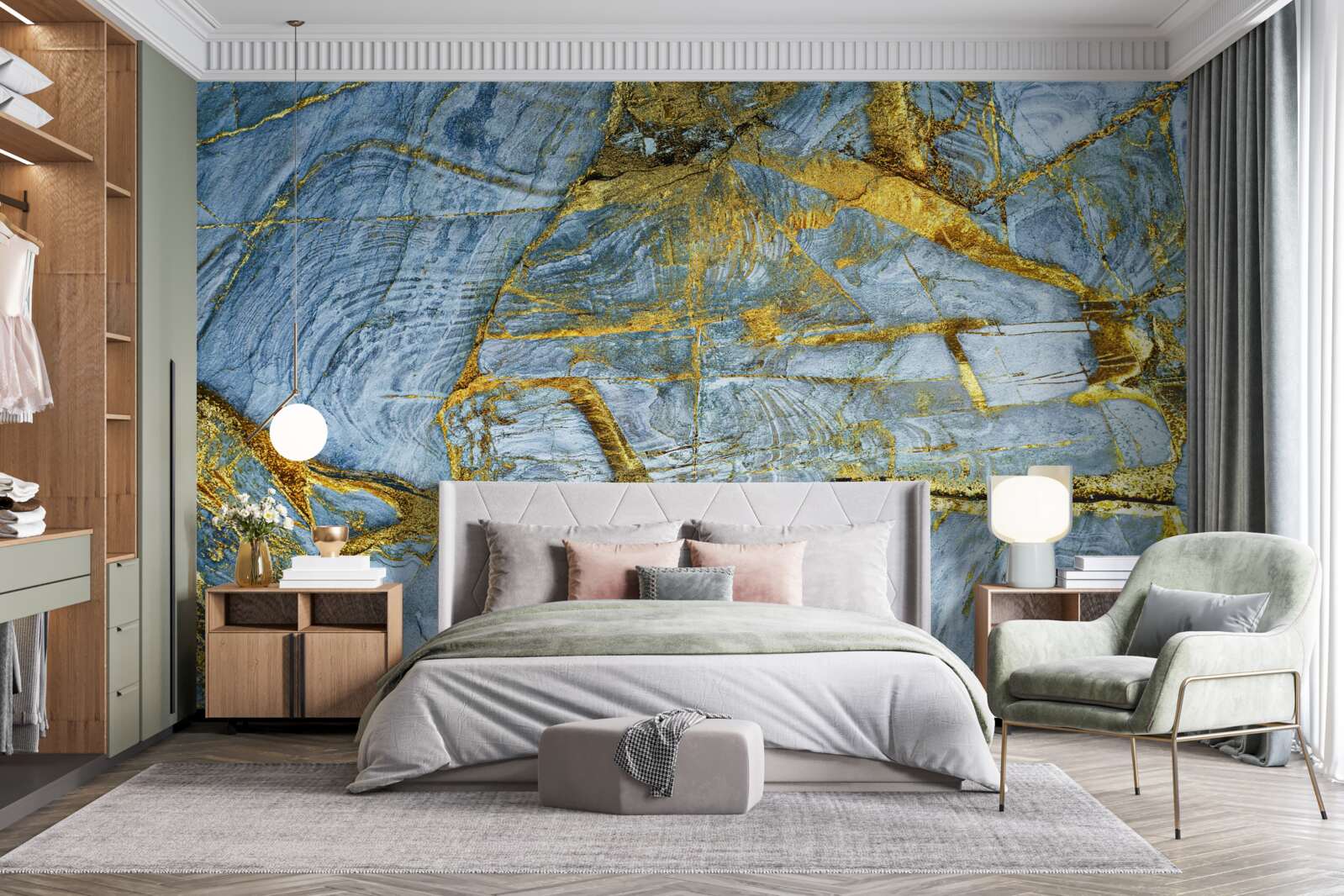 Papier peint coupe avec des nuances dorées sur fond bleu