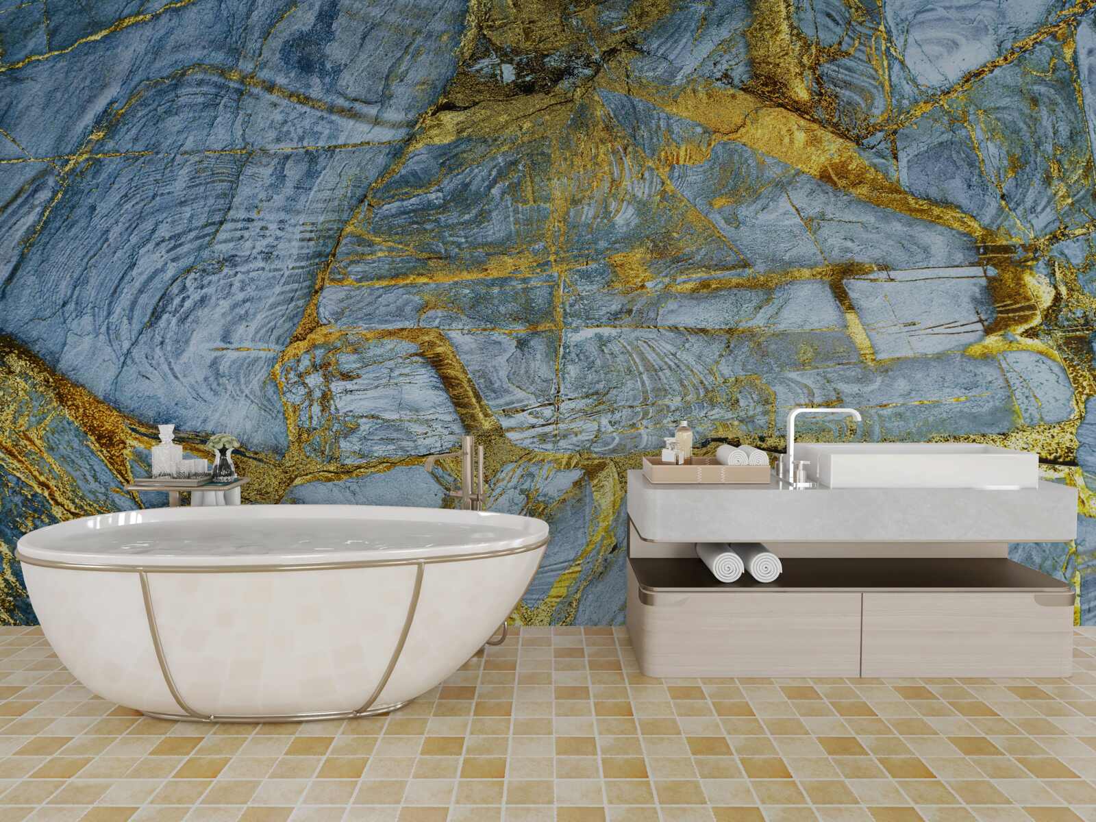 Papier peint coupe avec des nuances dorées sur fond bleu