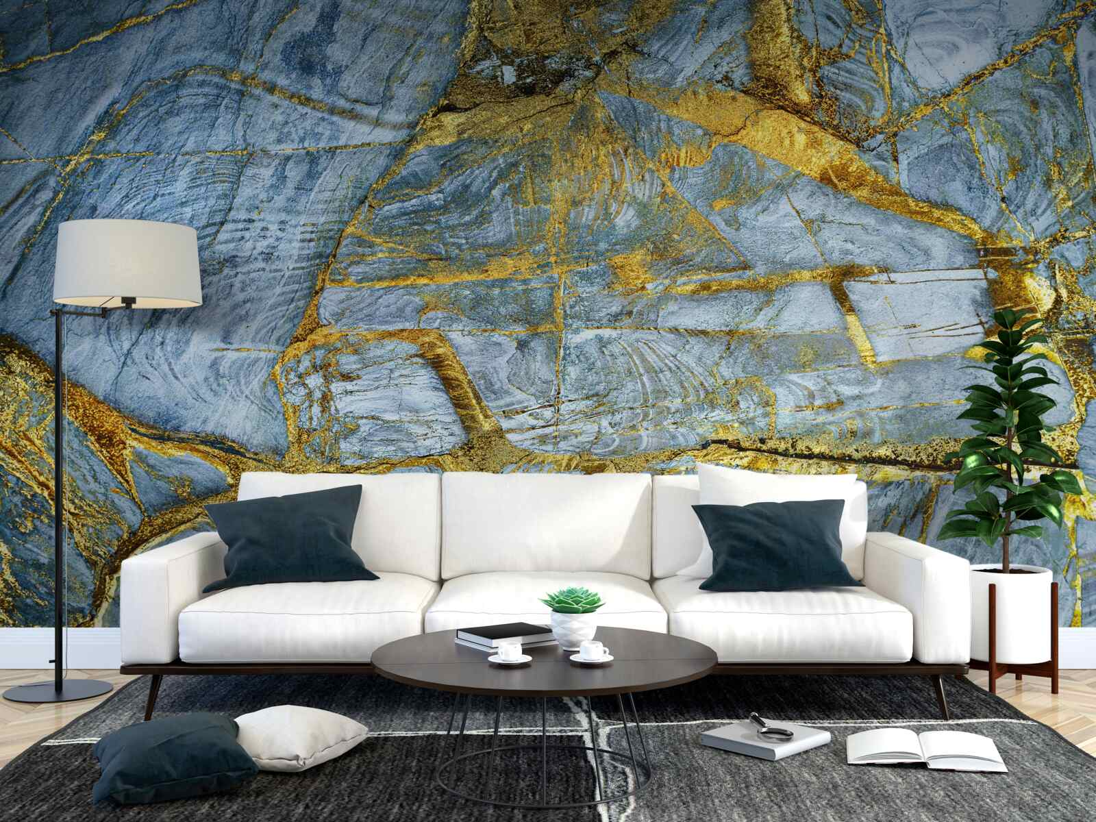 Papier peint coupe avec des nuances dorées sur fond bleu