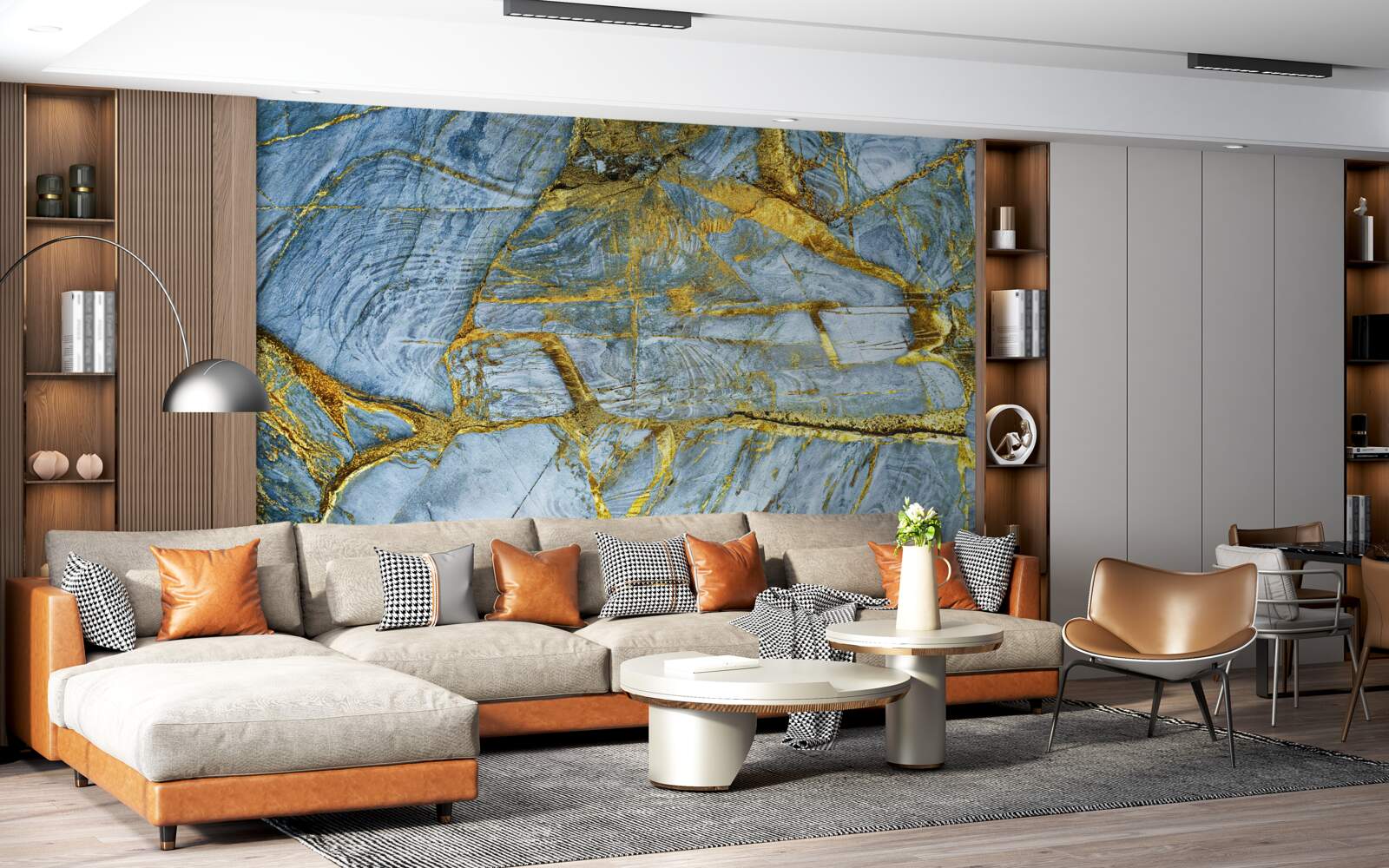 Papier peint coupe avec des nuances dorées sur fond bleu