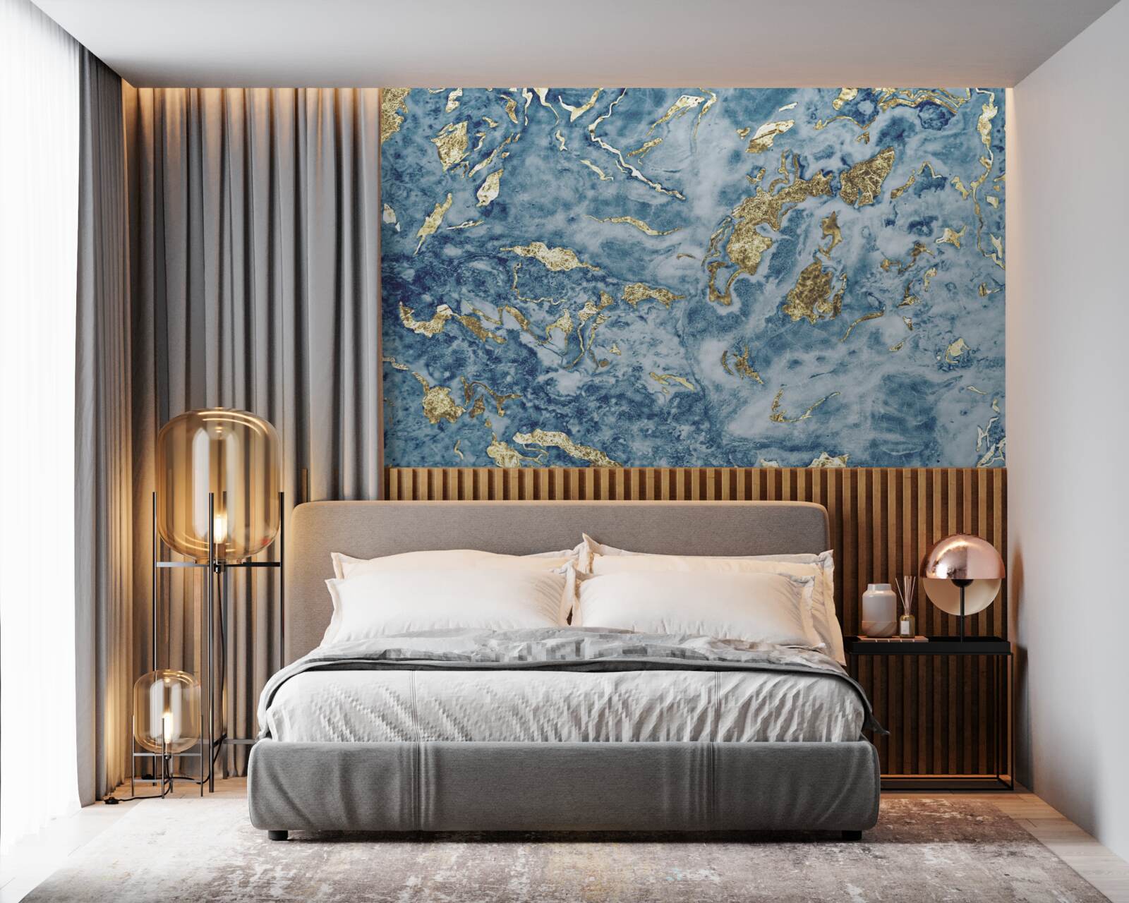 Papier peint marbre bleu veiné d'or