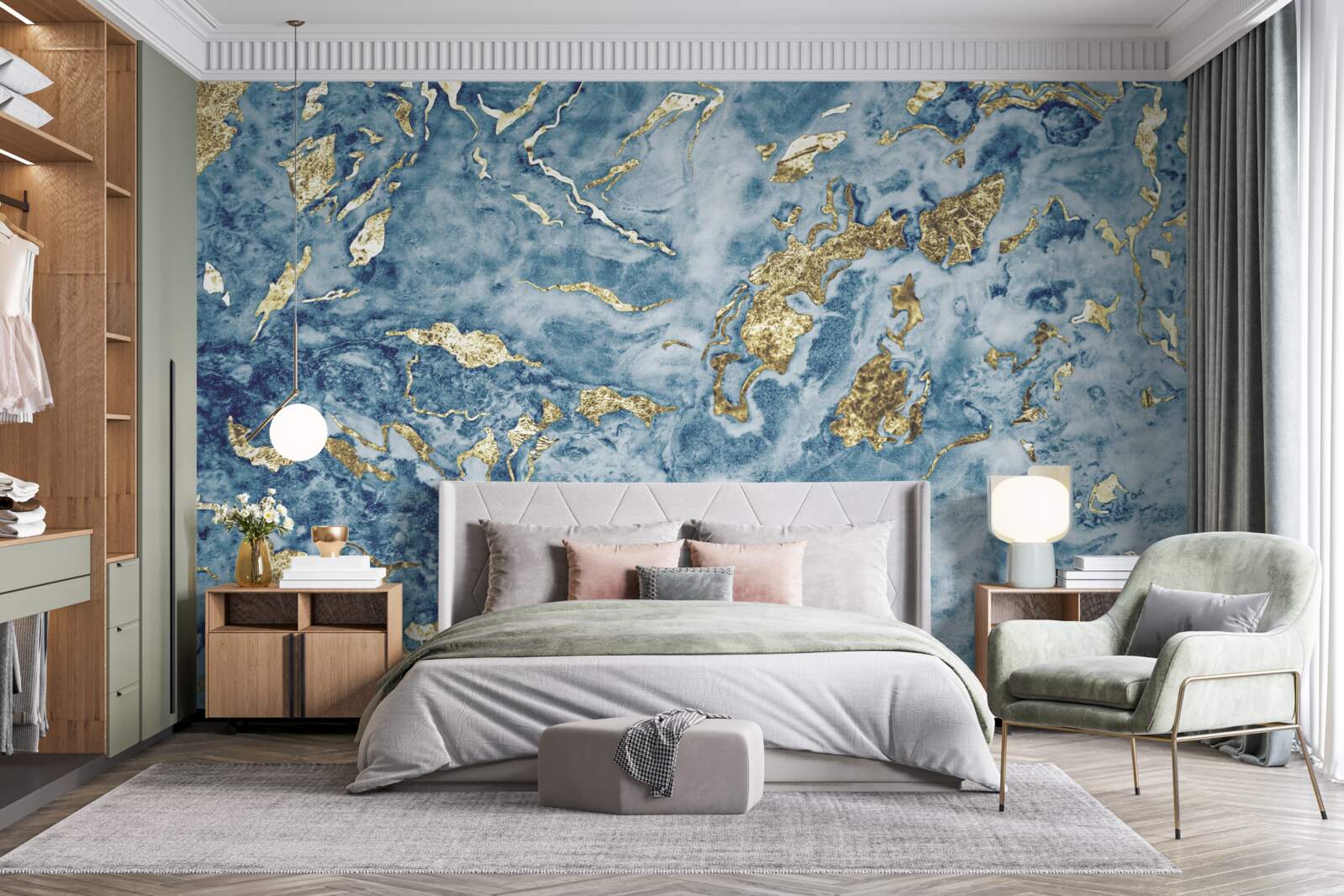 Papier peint marbre bleu veiné d'or