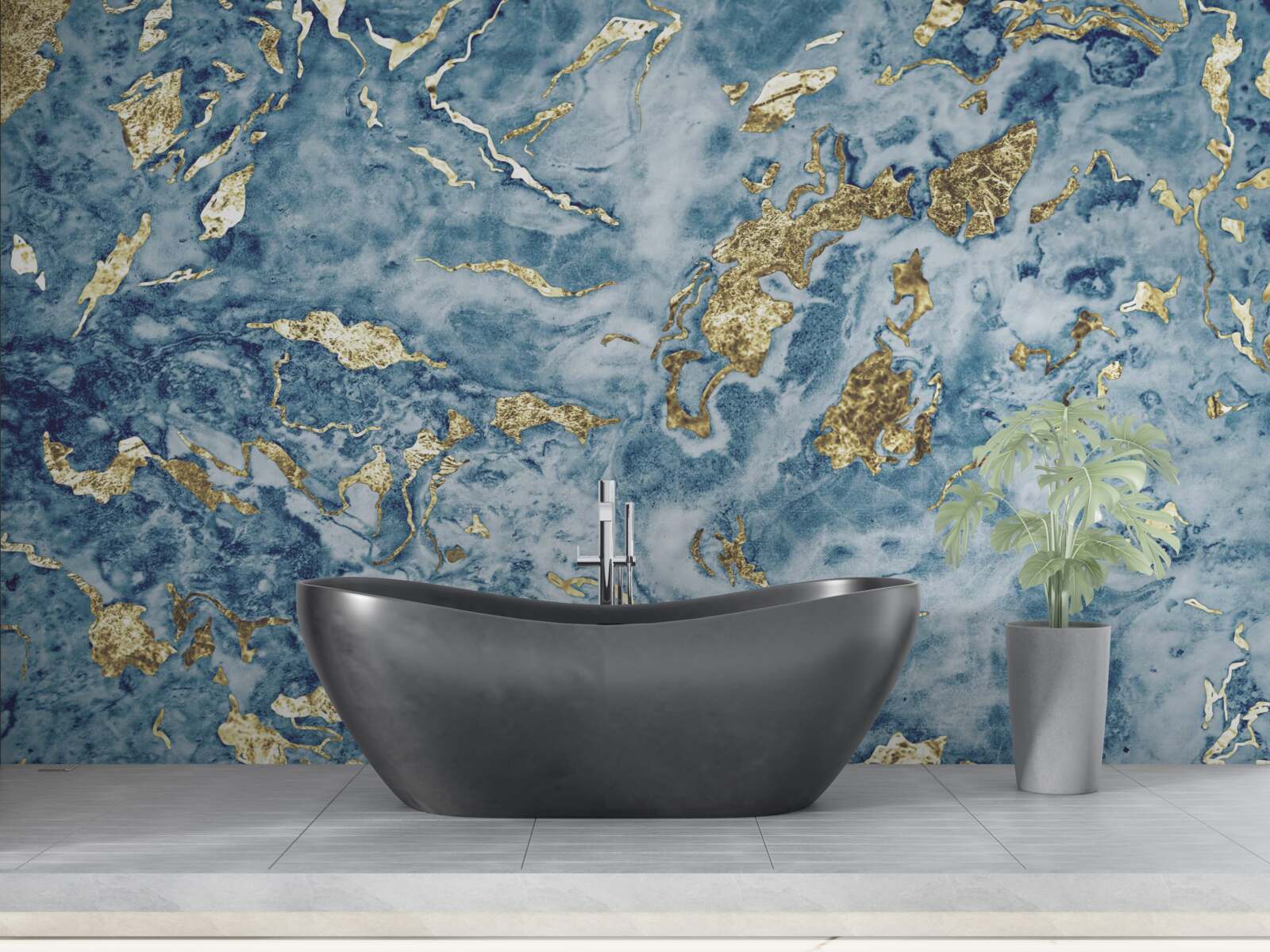 Papier peint marbre bleu veiné d'or