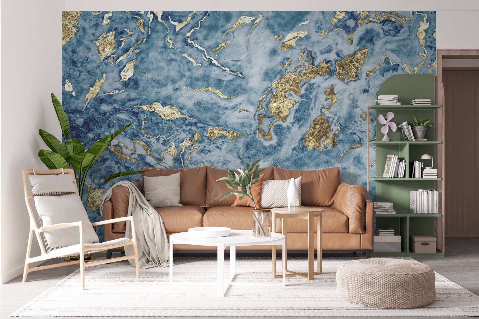 Papier peint marbre bleu veiné d'or