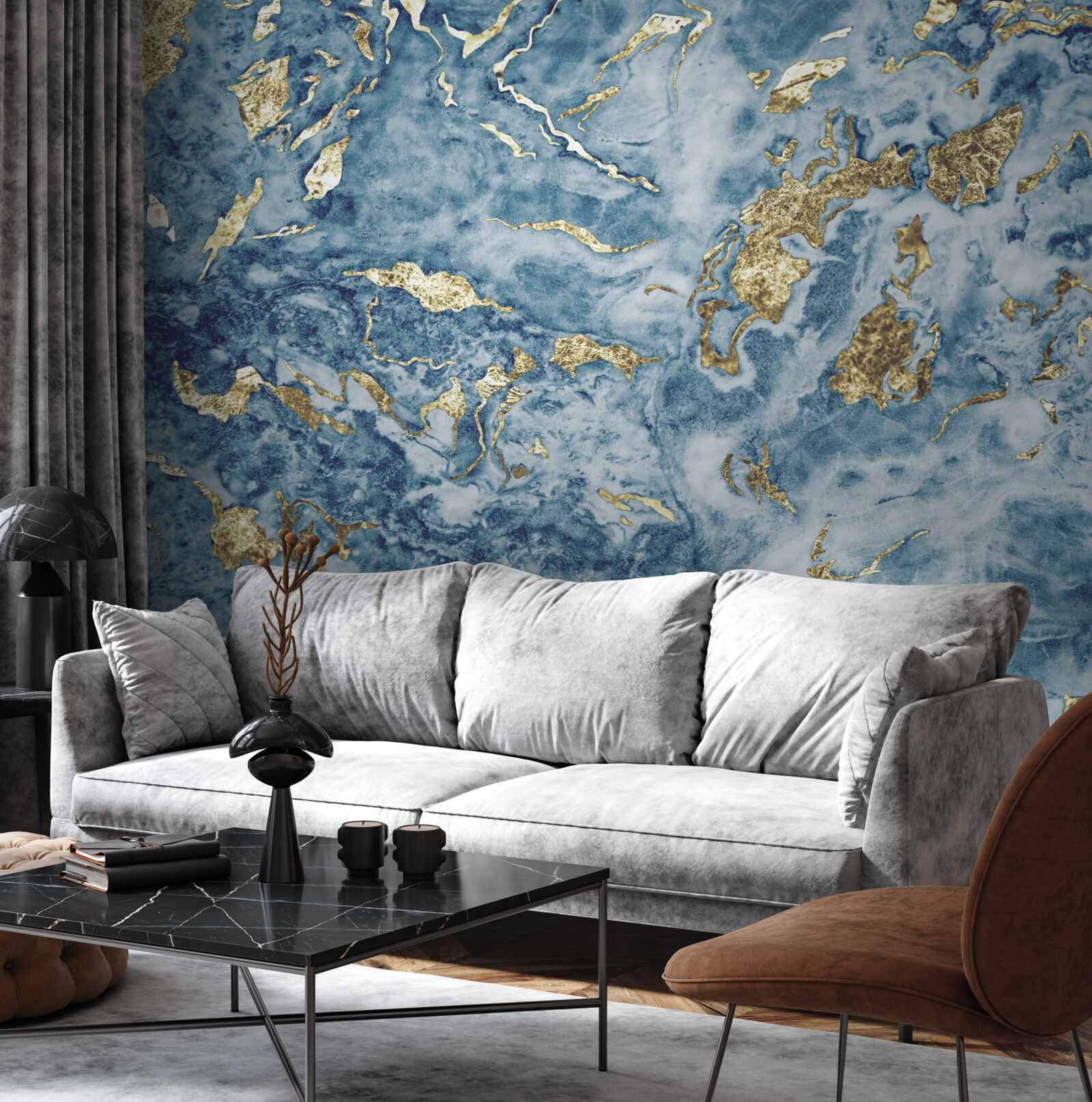 Papier peint marbre bleu veiné d'or