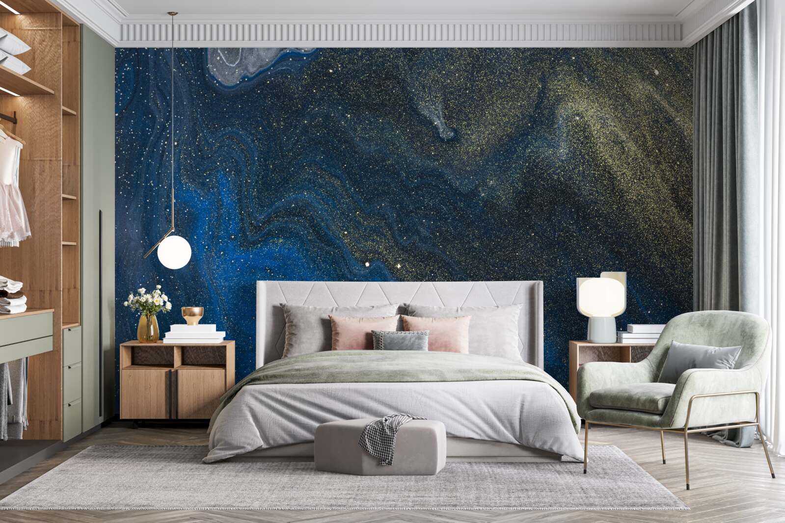 Papier peint poussière bleu-or