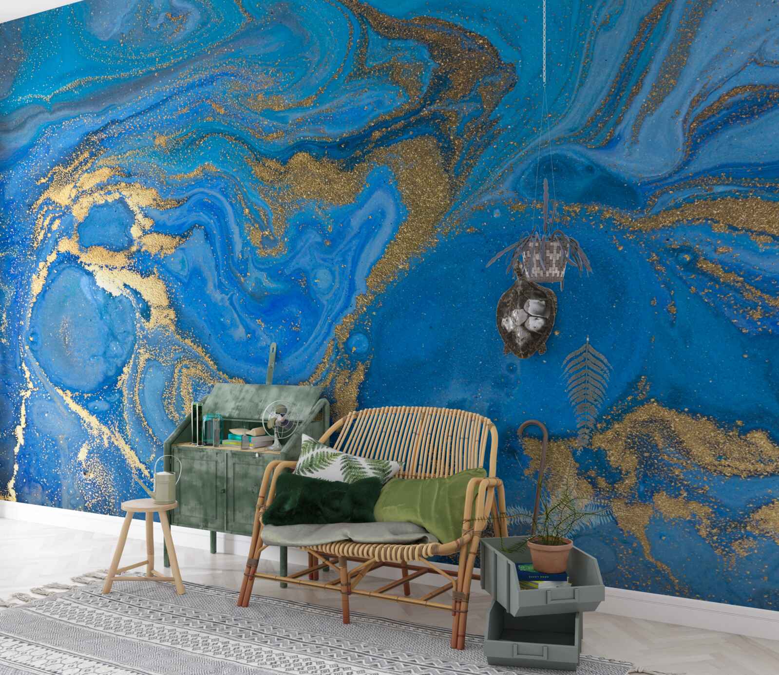 Papier peint bleu et or dans le style marbre