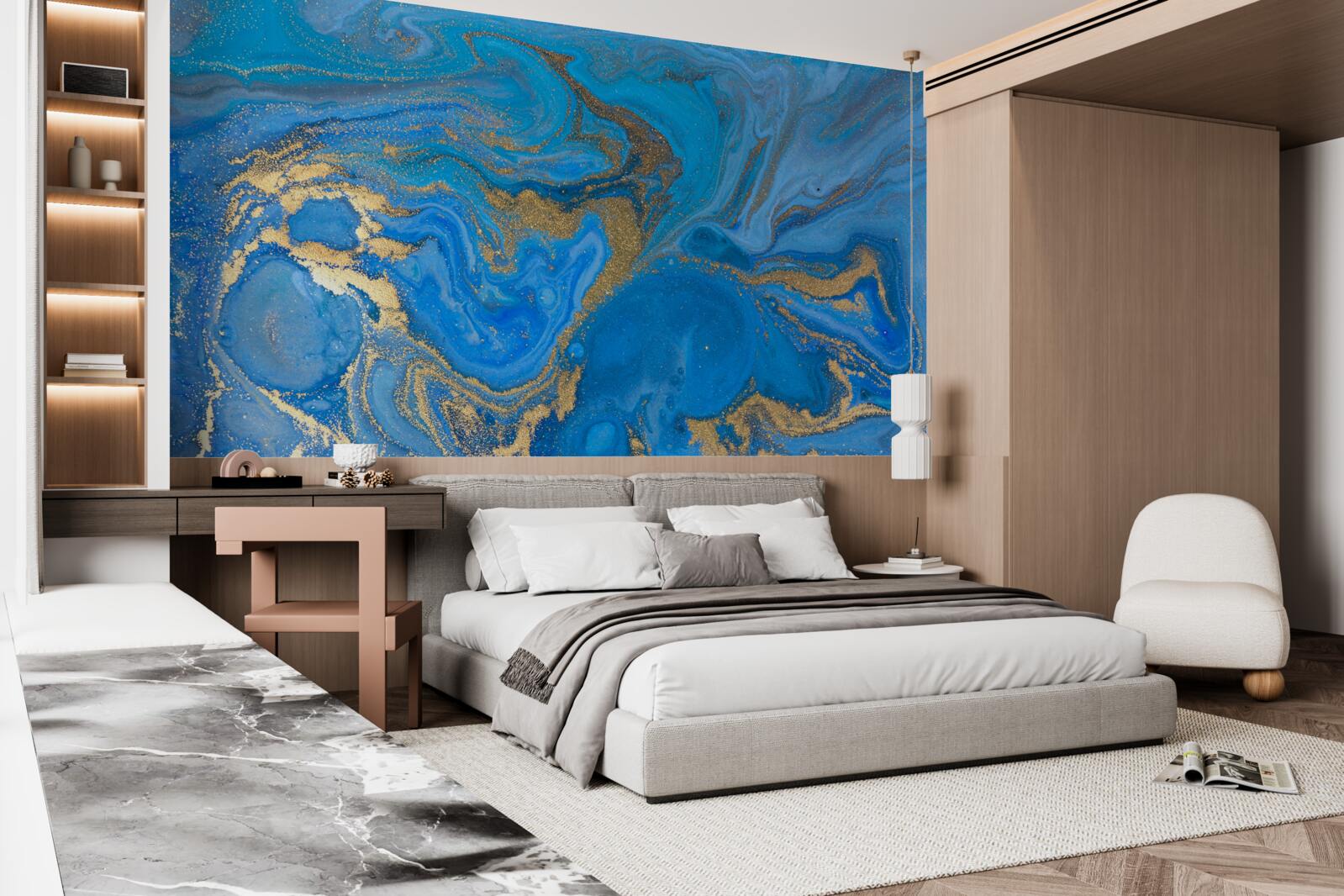 Papier peint bleu et or dans le style marbre