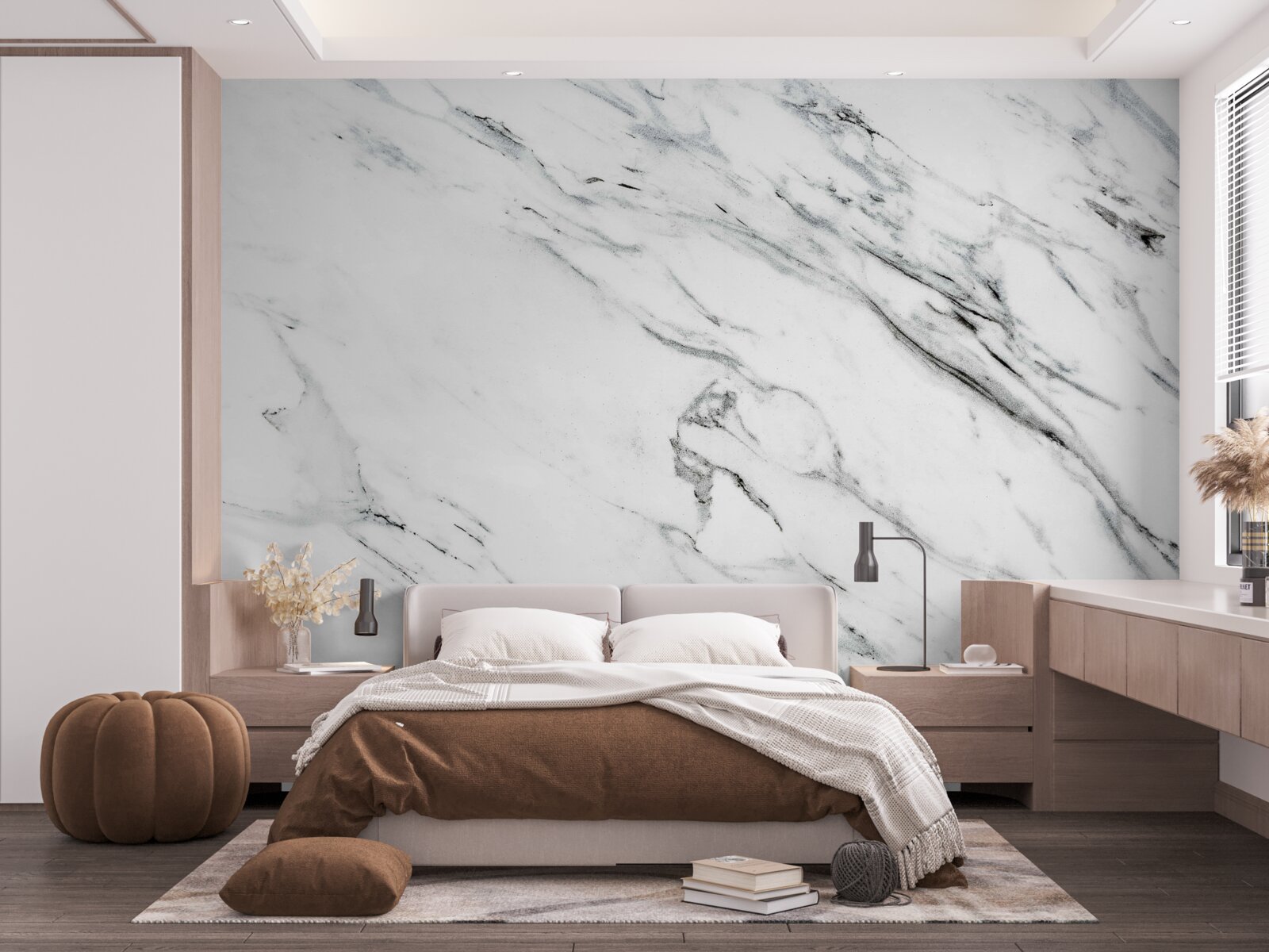 Papier peint marbre blanc avec stries grises