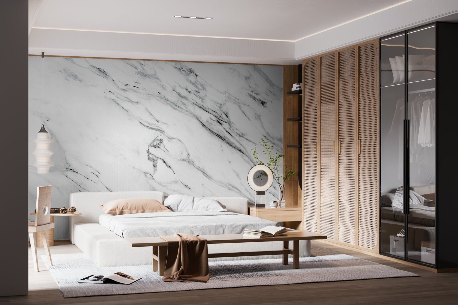 Papier peint marbre blanc avec stries grises