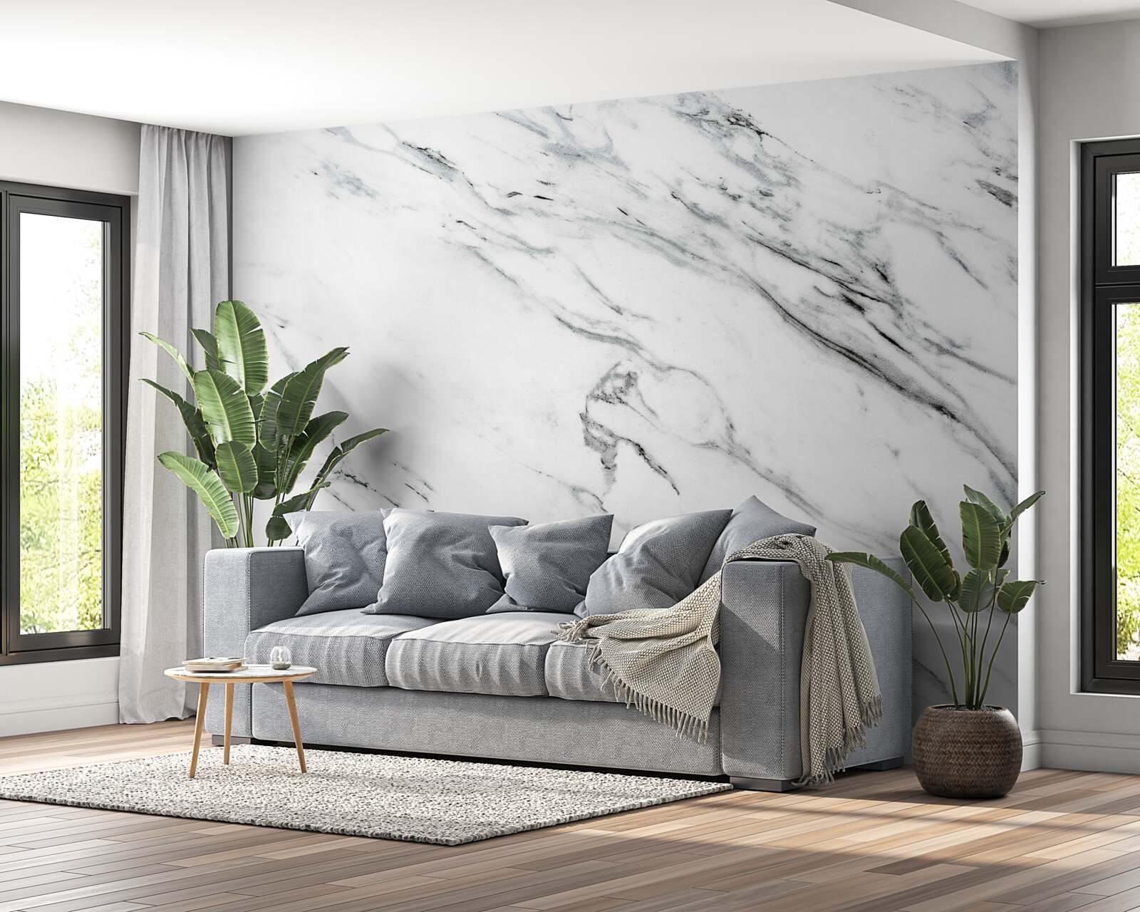 Papier peint marbre blanc avec stries grises