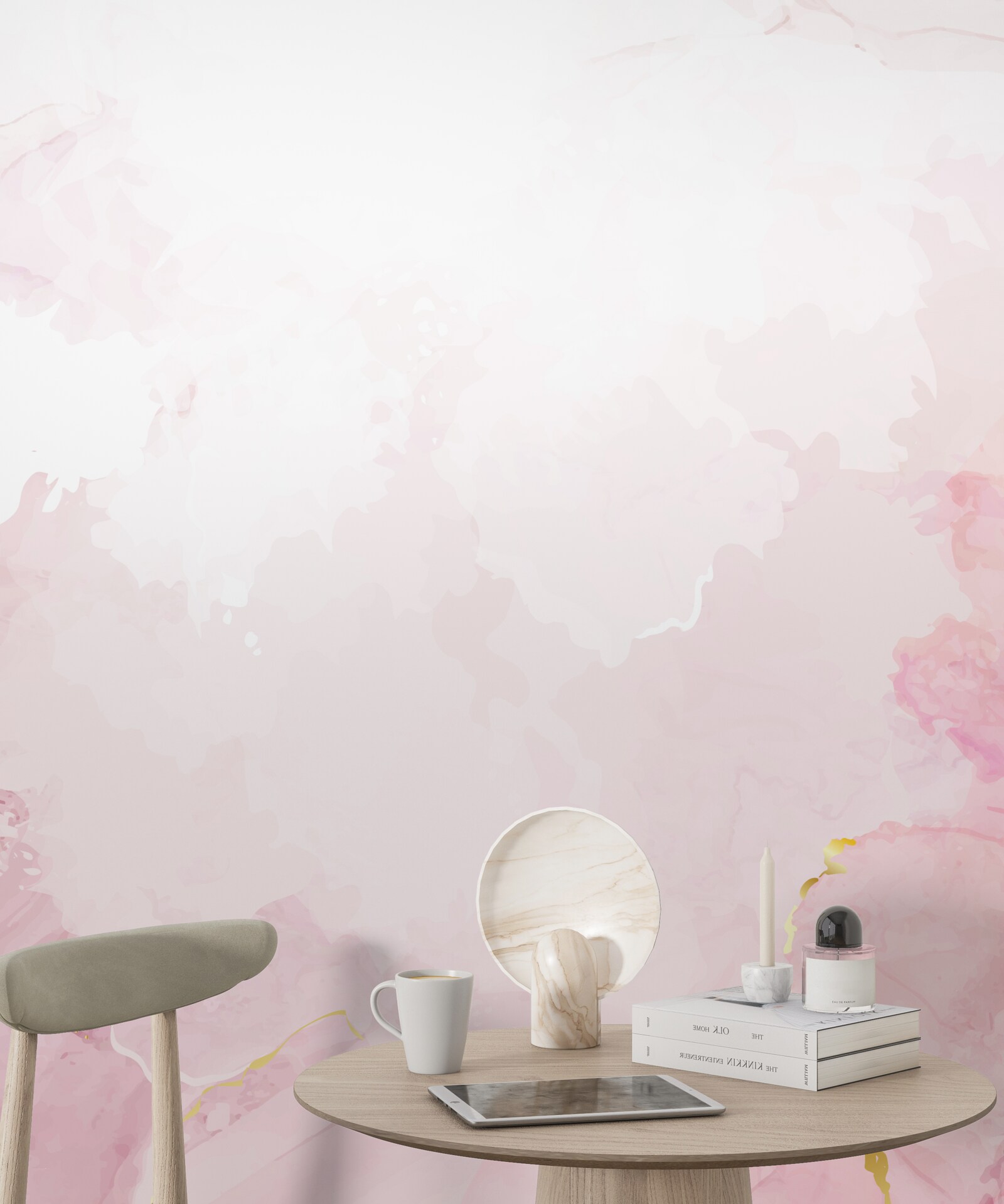 Papier peint marbre dans des tons doux de blanc et de rose