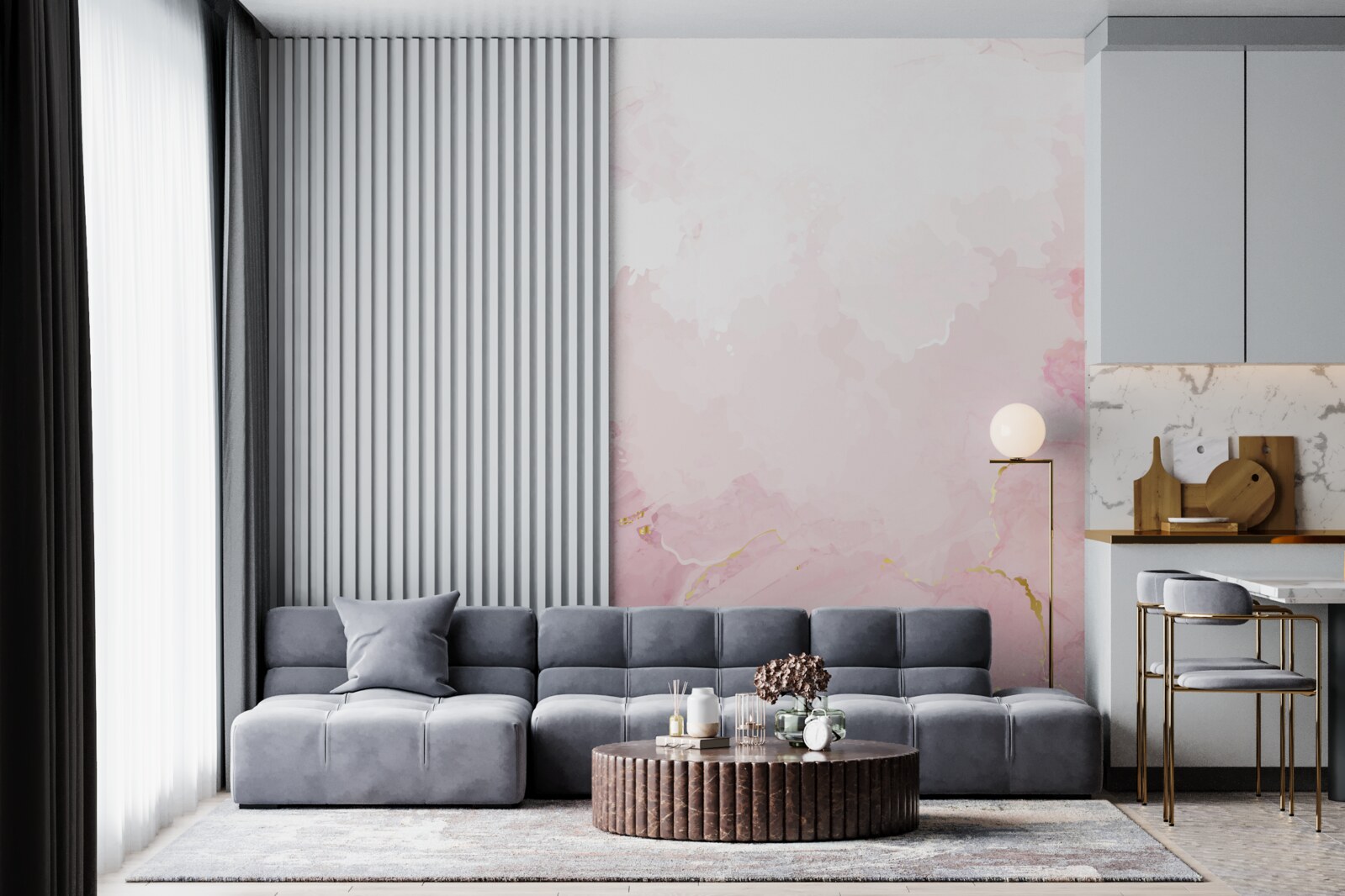 Papier peint marbre dans des tons doux de blanc et de rose