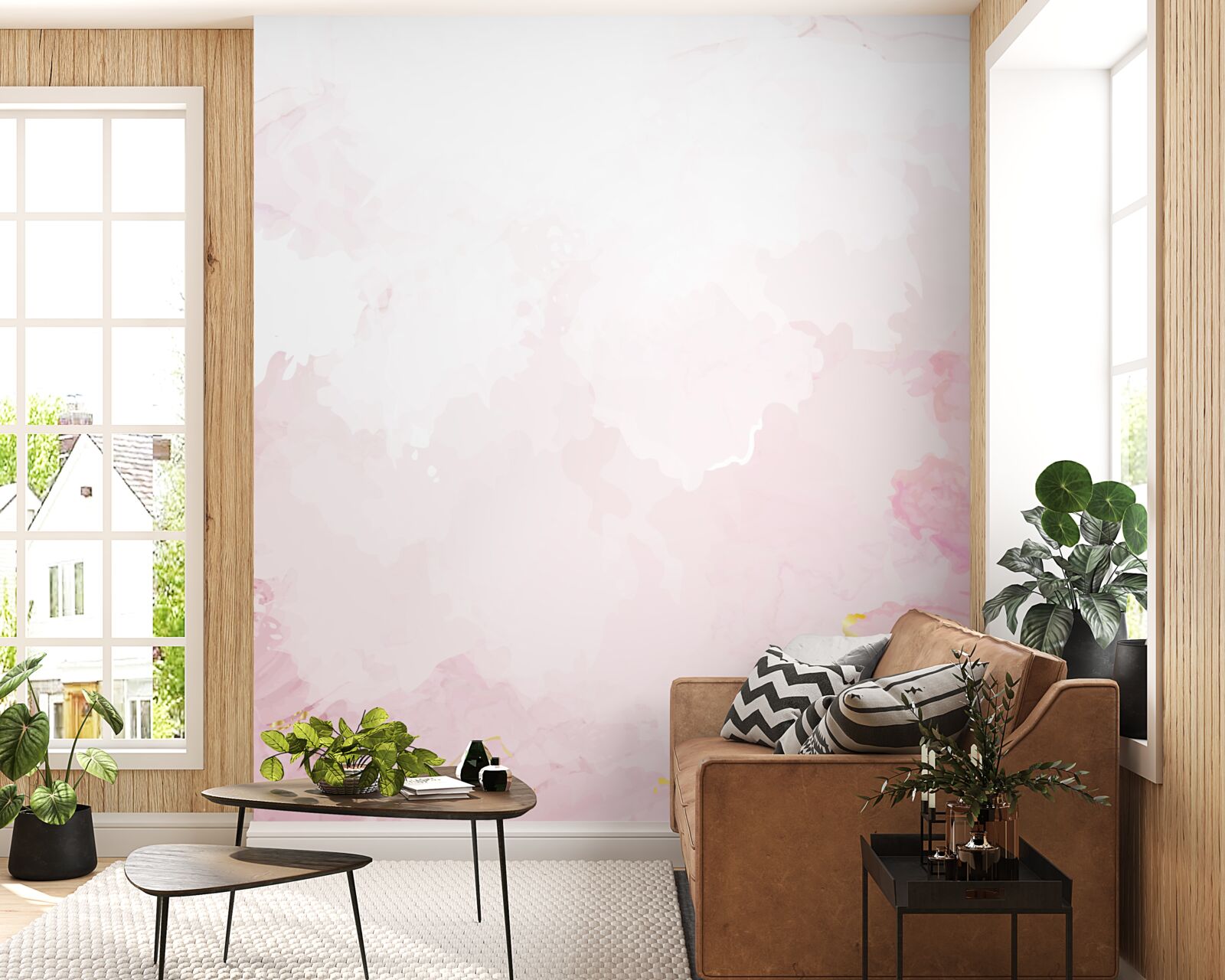 Papier peint marbre dans des tons doux de blanc et de rose