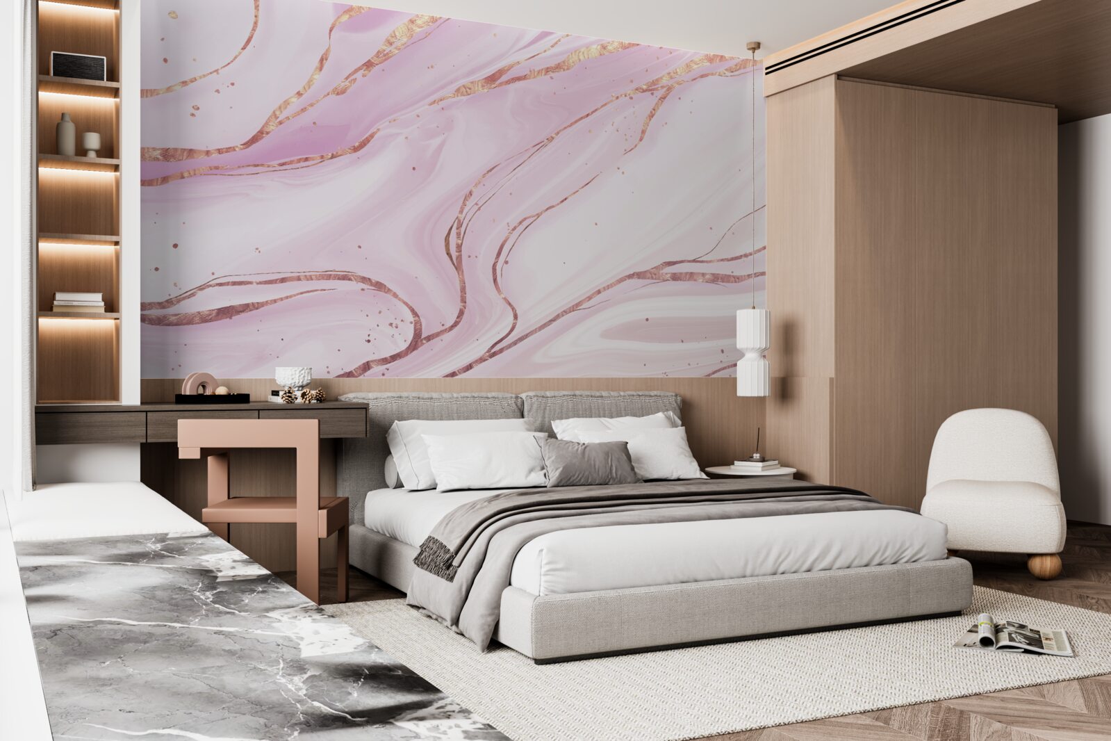 Papier peint marbre dans une teinte rose poussiéreuse