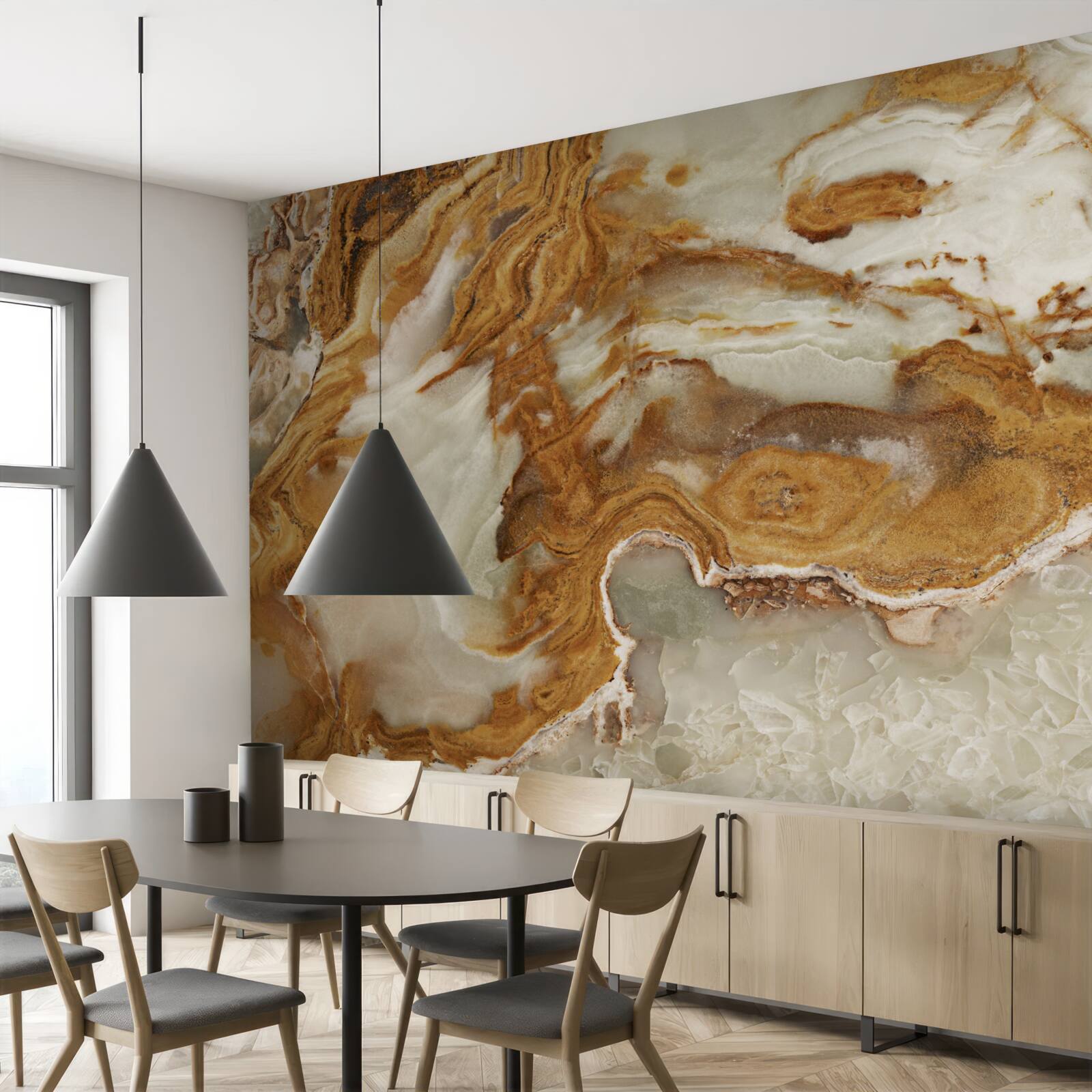 Papier peint marbre blanc veiné de brun