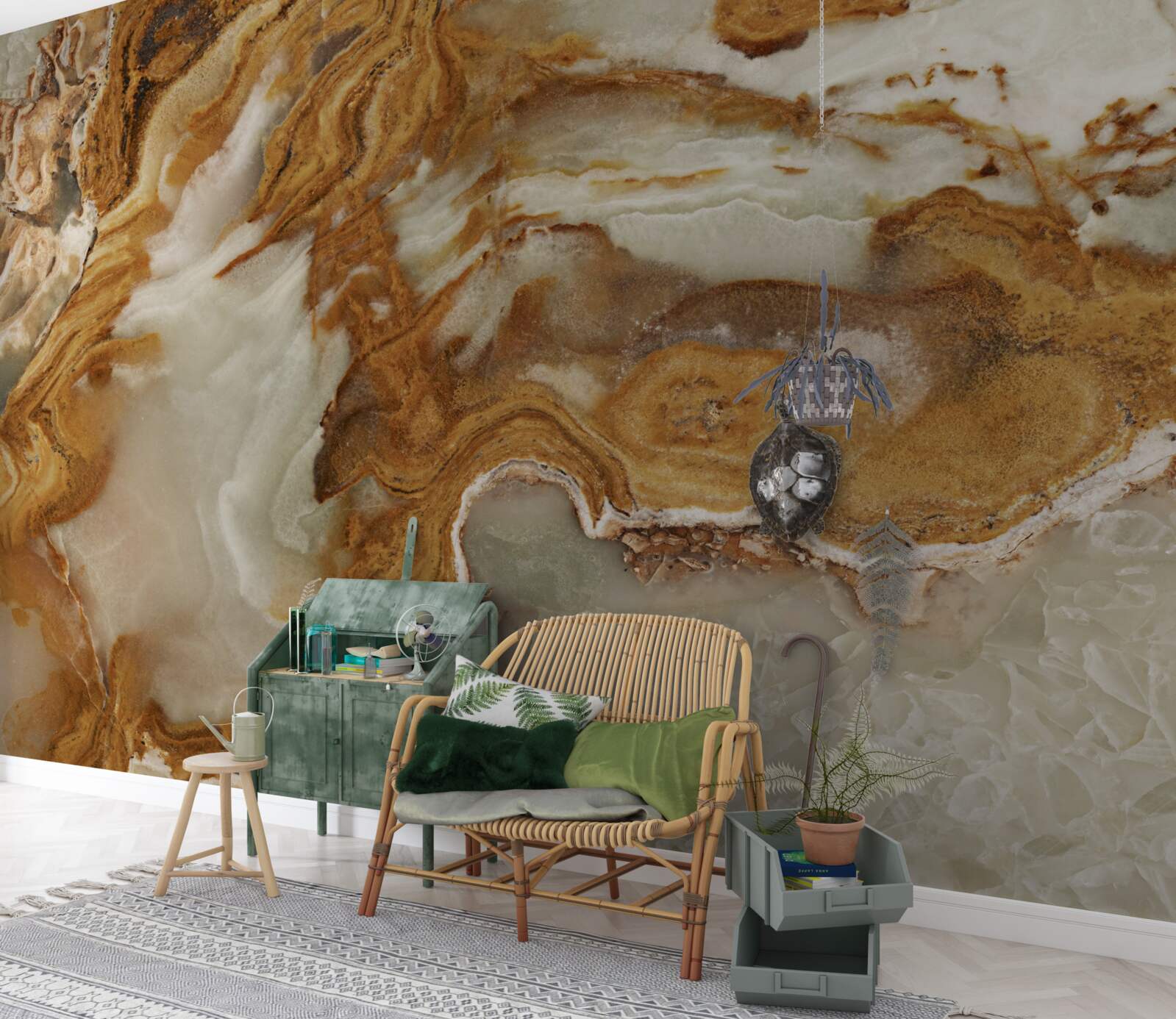 Papier peint marbre blanc veiné de brun