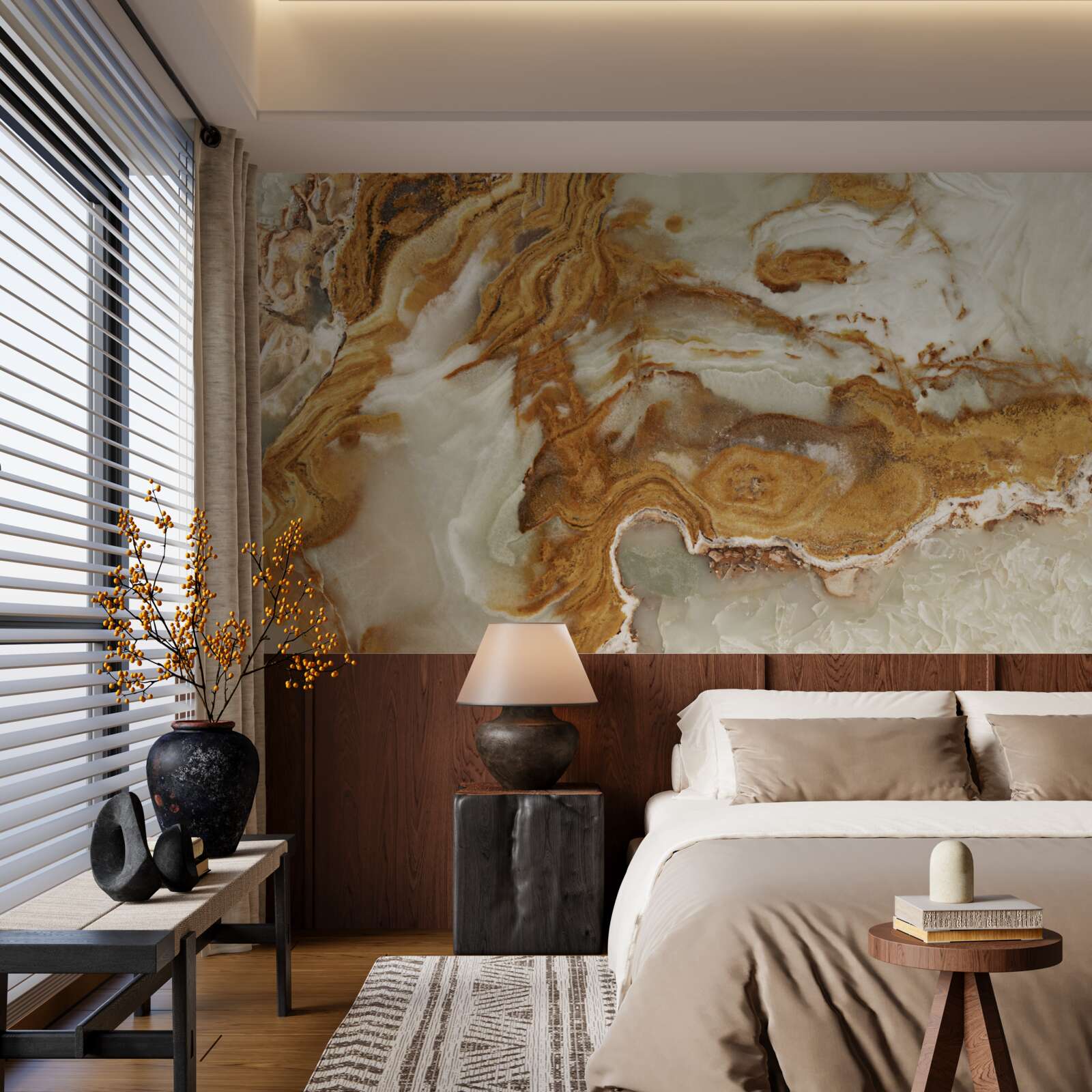 Papier peint marbre blanc veiné de brun